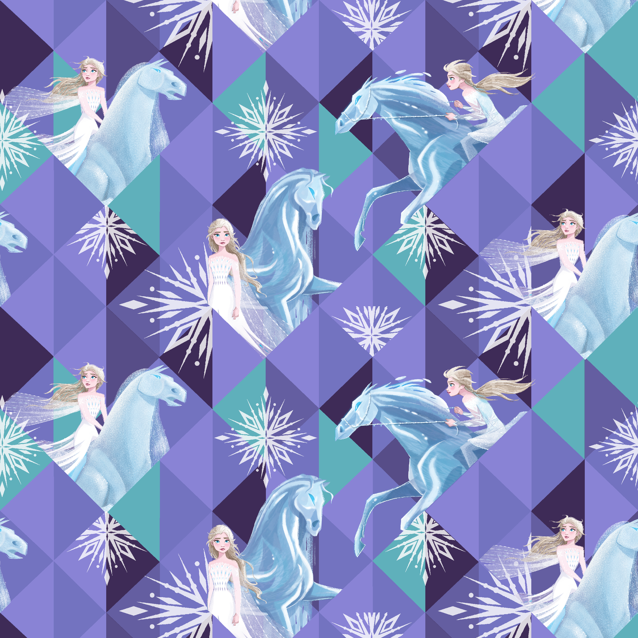 Disney's Frozen pattern with Elsa on horses against purple geometric background with snowflakes tiled preview square