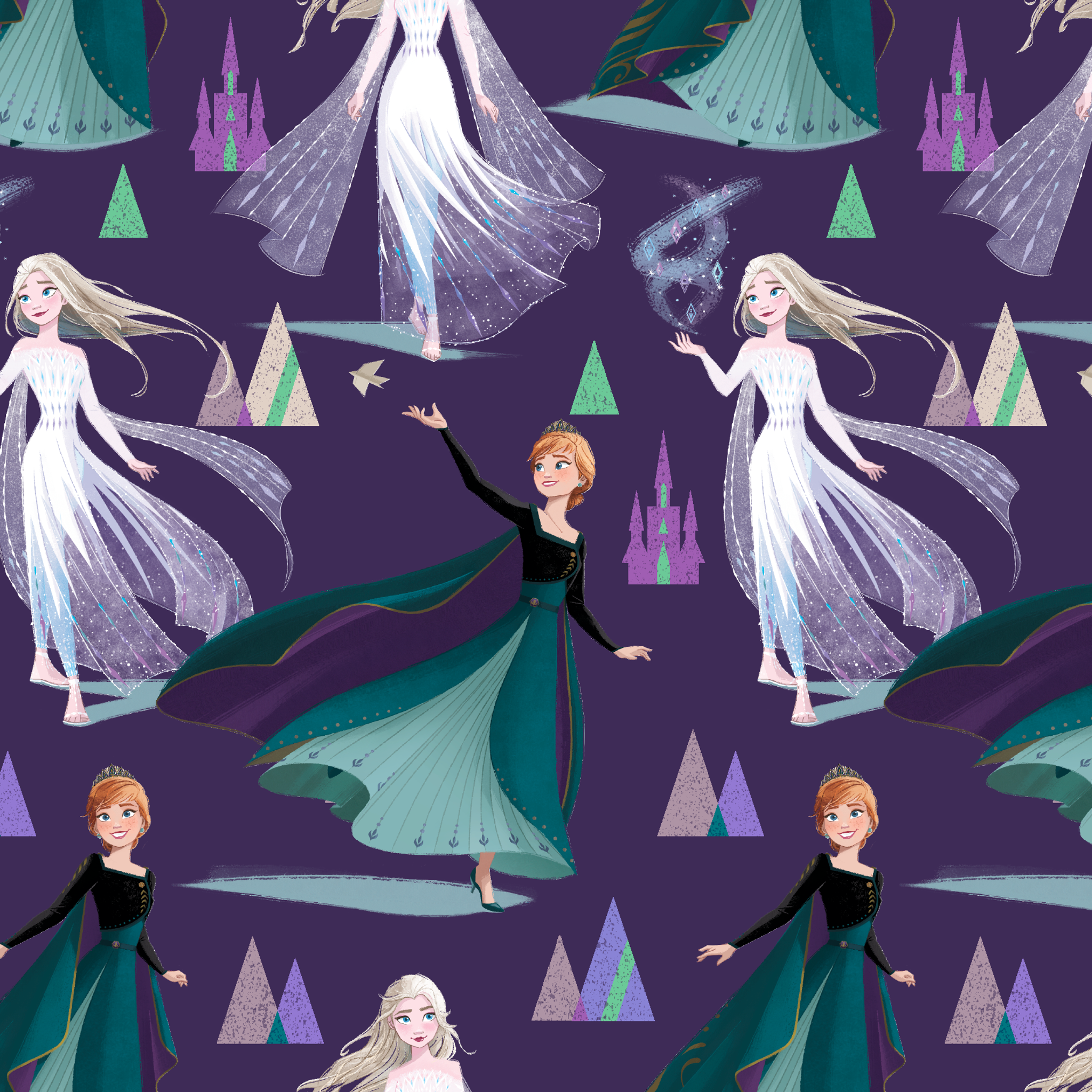 Frozen characters and ice castles on purple background, magical fantasy pattern tiled preview square