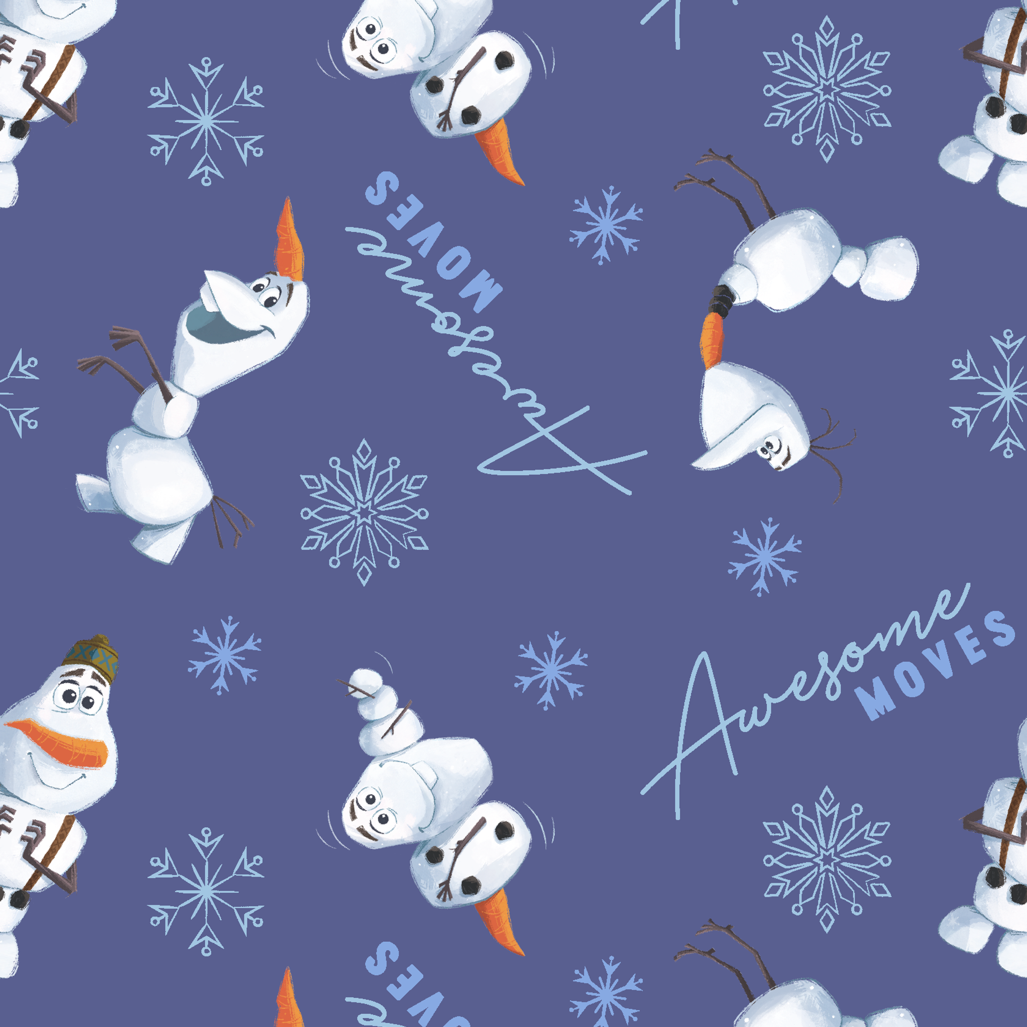 Playful Olaf the snowman pattern with snowflakes on purple background showing various poses tiled preview square