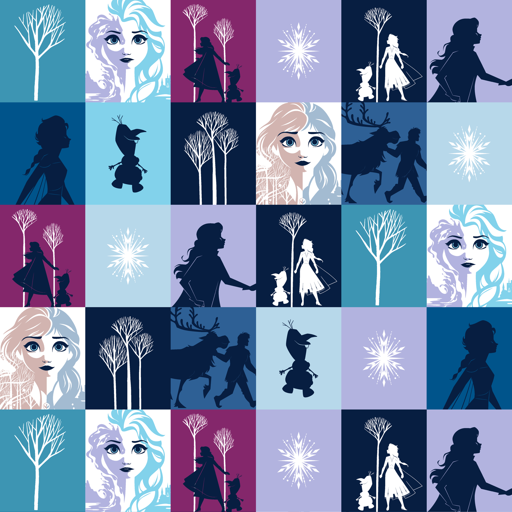 A grid of "Frozen" themed illustrations featuring character portraits, snowflakes, winter trees, and silhouetted scenes in shades of blue and purple. tiled preview square