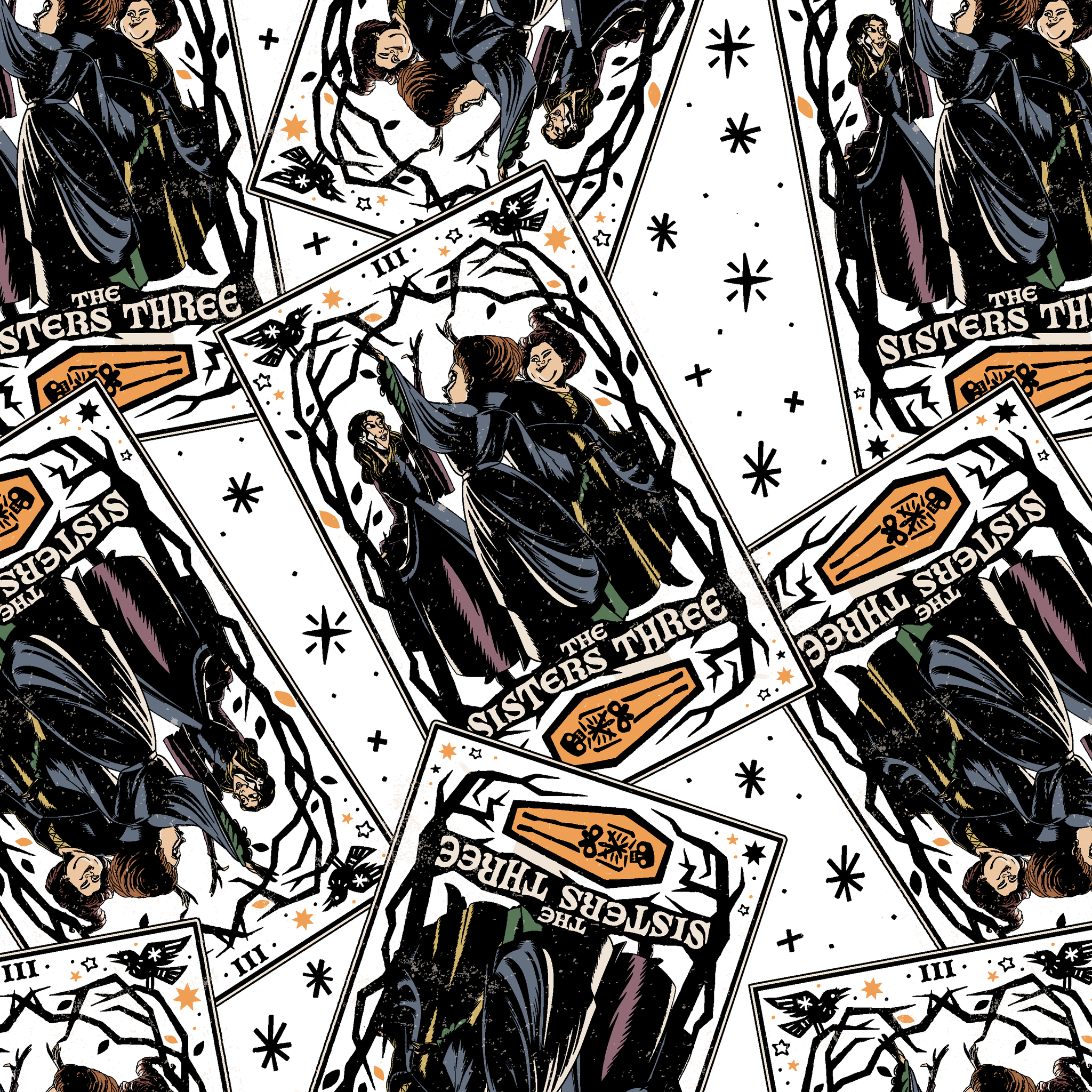 Scattered Hocus Pocus cards showing robed figures against white background with stars tiled preview square