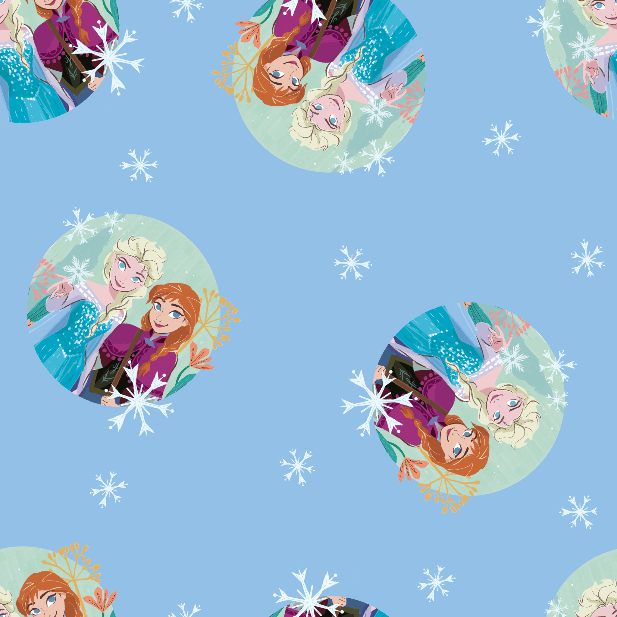 Light blue background with repeating circular motifs of "Frozen" characters and snowflakes in a decorative pattern tiled preview square