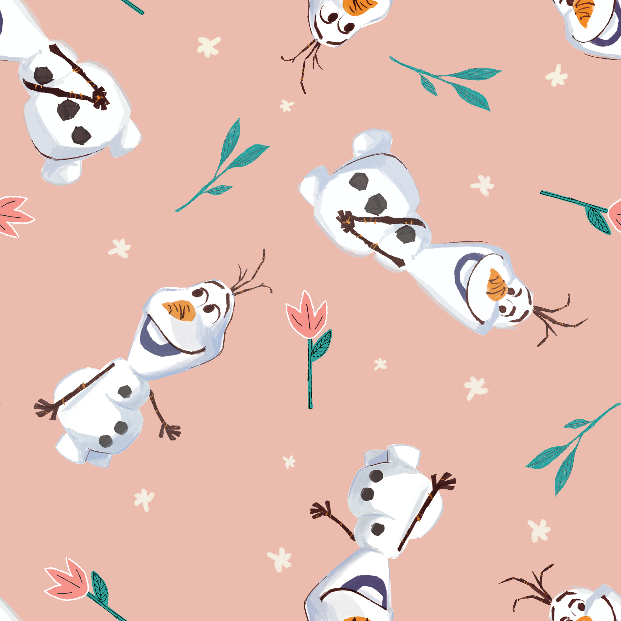 Playful pattern of Olaf scattered with green leaves on a peachy pink background tiled preview square