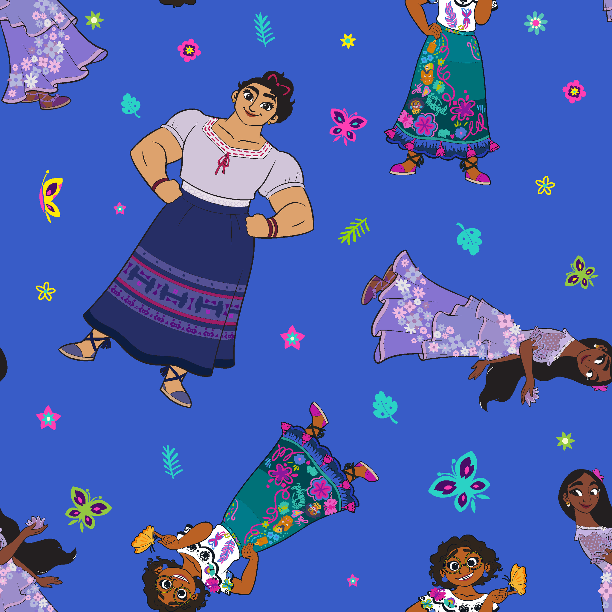 Colorful cartoon figures in traditional clothing floating on vibrant blue background with butterflies and flowers tiled preview square