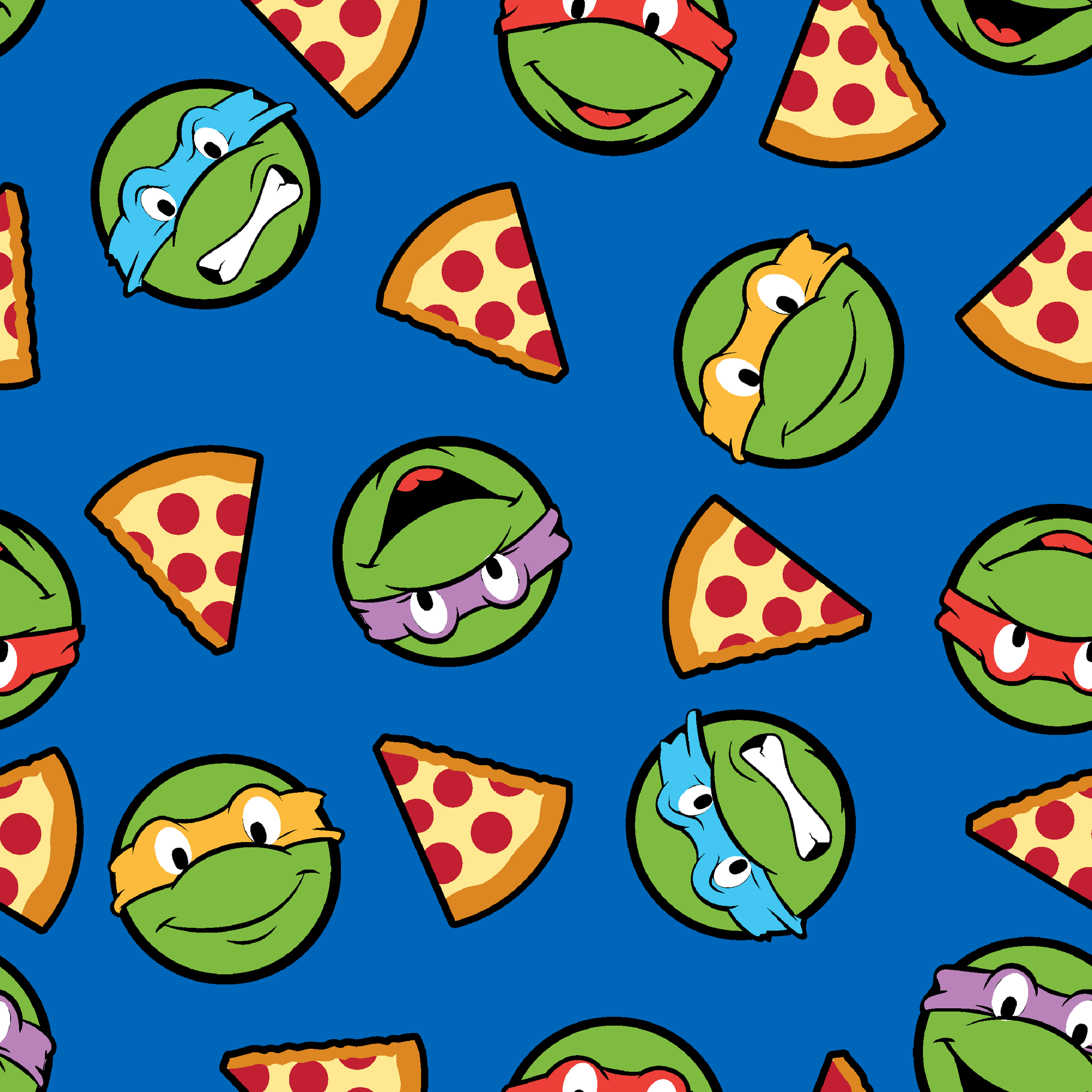 Teenage Mutant Ninja Turtle faces with colored masks and pizza slices pattern on blue background tiled preview square
