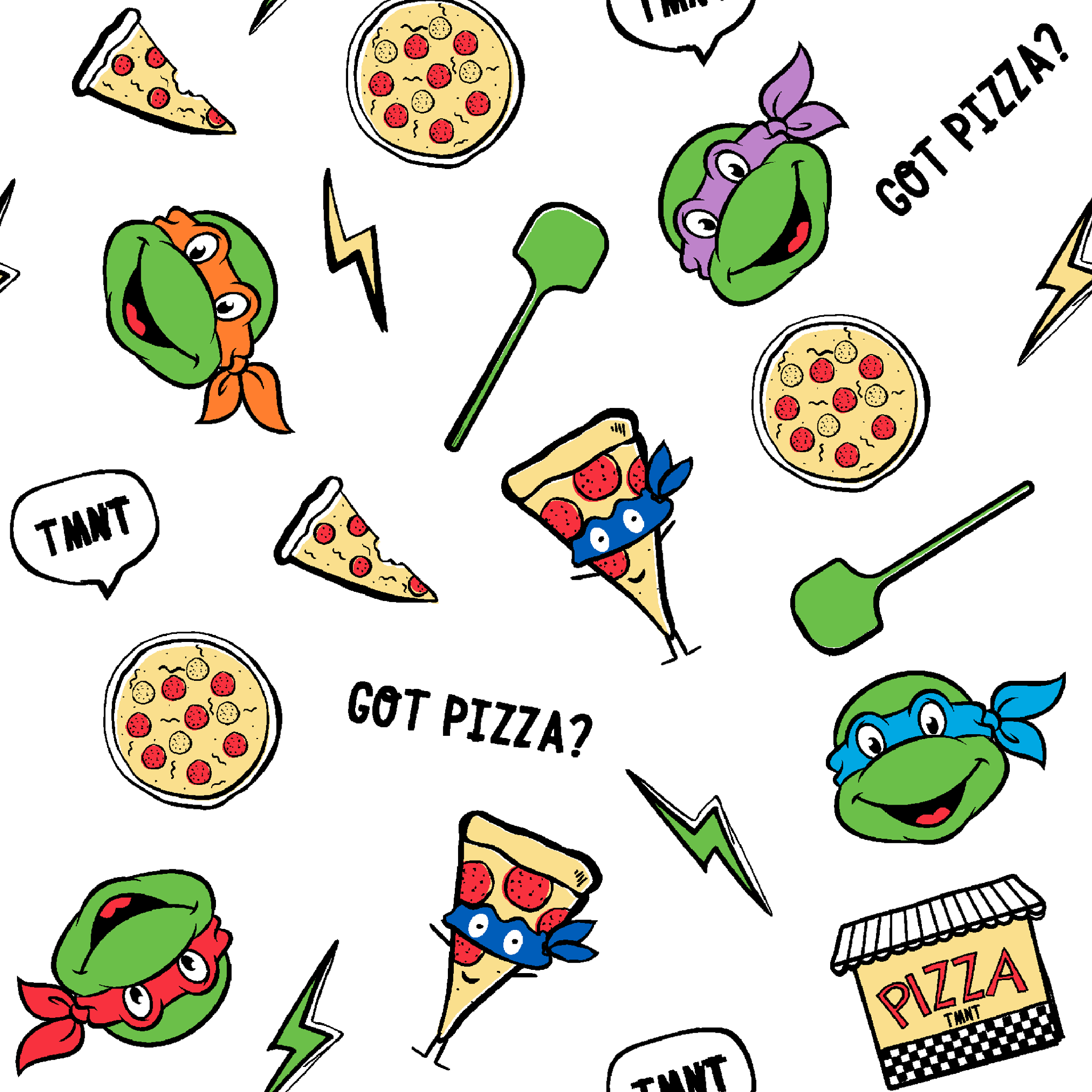 Cartoon pattern with Teenage Mutant Ninja Turtles, pizza slices, whole pizzas, lightning bolts and "GOT PIZZA?" text tiled preview square