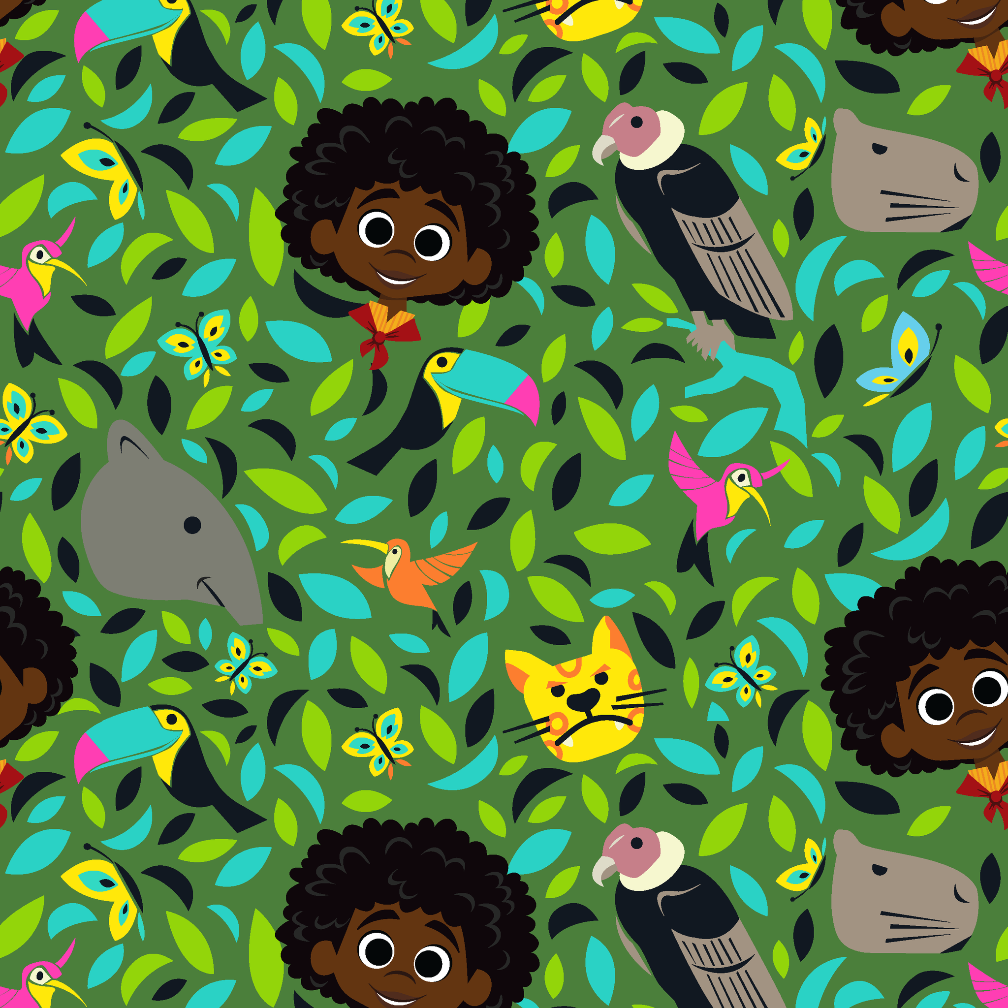 Colorful illustration with children, birds, butterflies, and animals among vibrant green foliage. tiled preview square
