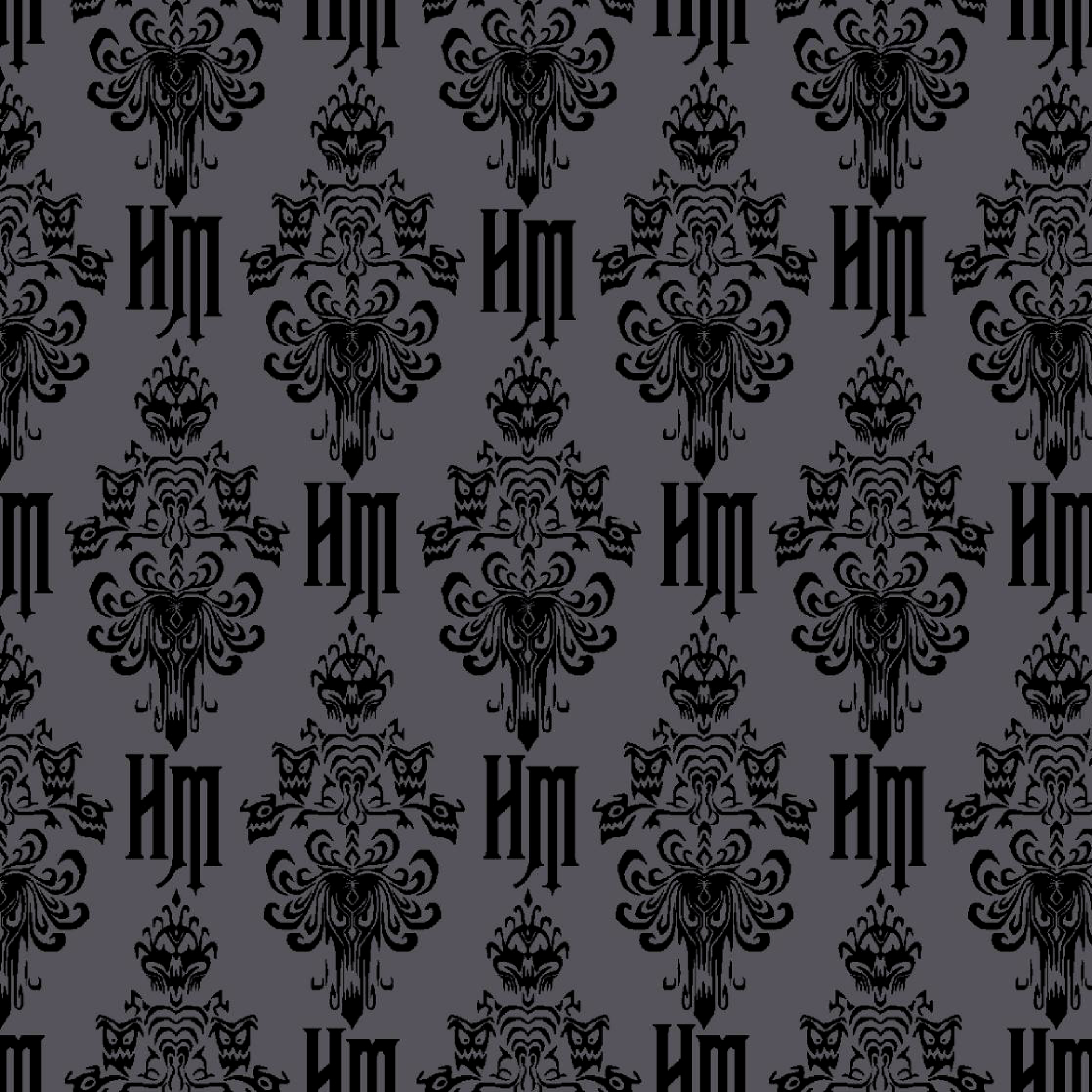 Dark gray background with black ornate damask pattern featuring decorative flourishes and monogram elements tiled preview square