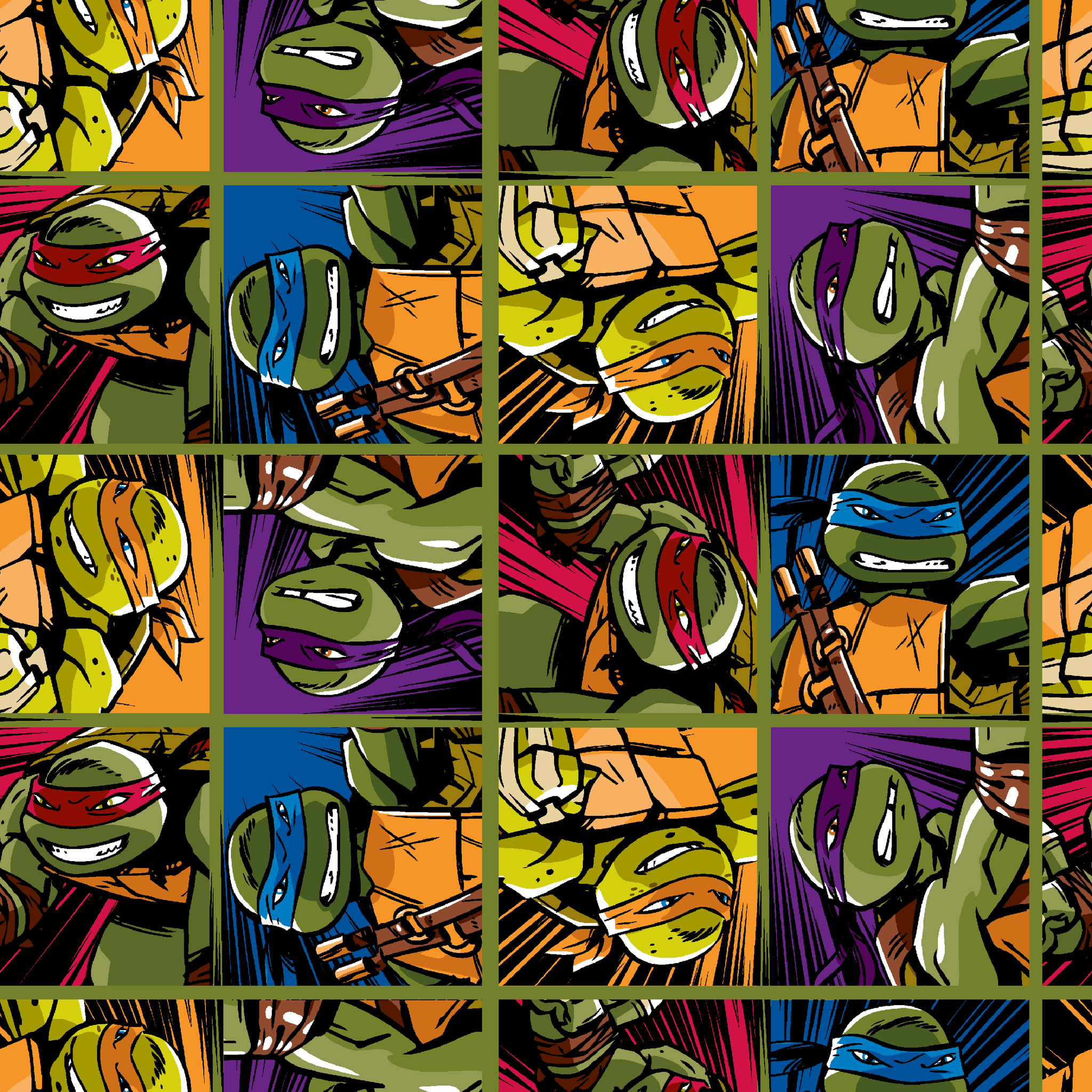 Colorful grid pattern of Teenage Mutant Ninja Turtles characters with various expressions and colored masks tiled preview square
