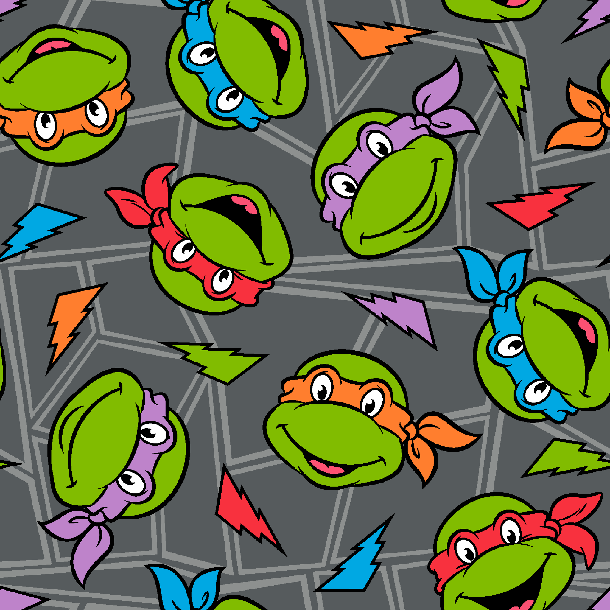 Colorful pattern of Teenage Mutant Ninja Turtles faces with red, orange, blue, and purple masks on grey background. tiled preview square