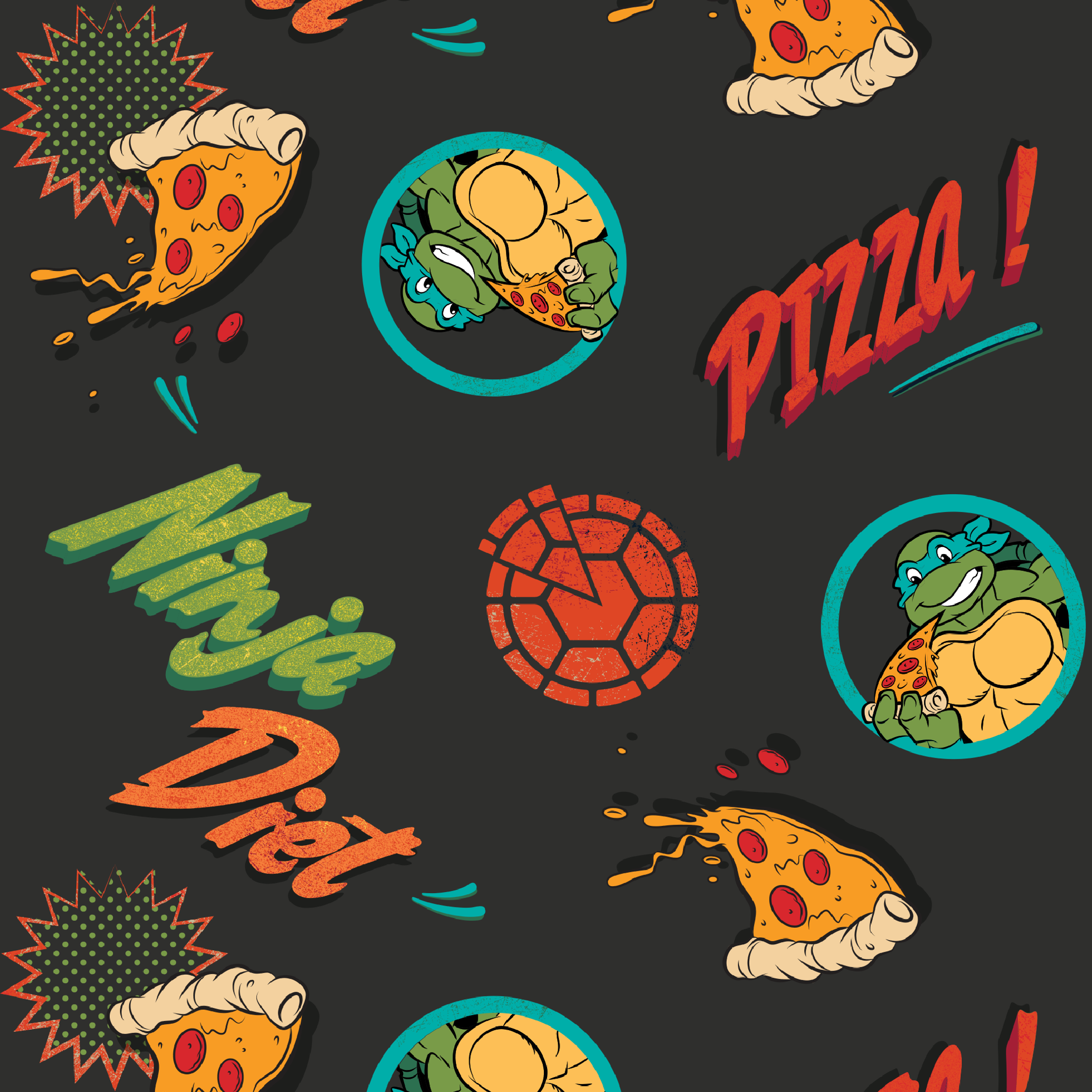 Colorful cartoon pizza pattern with "Pizza!" text, Teenage Mutant Ninja Turtles in circles, and decorative elements on dark background. tiled preview square