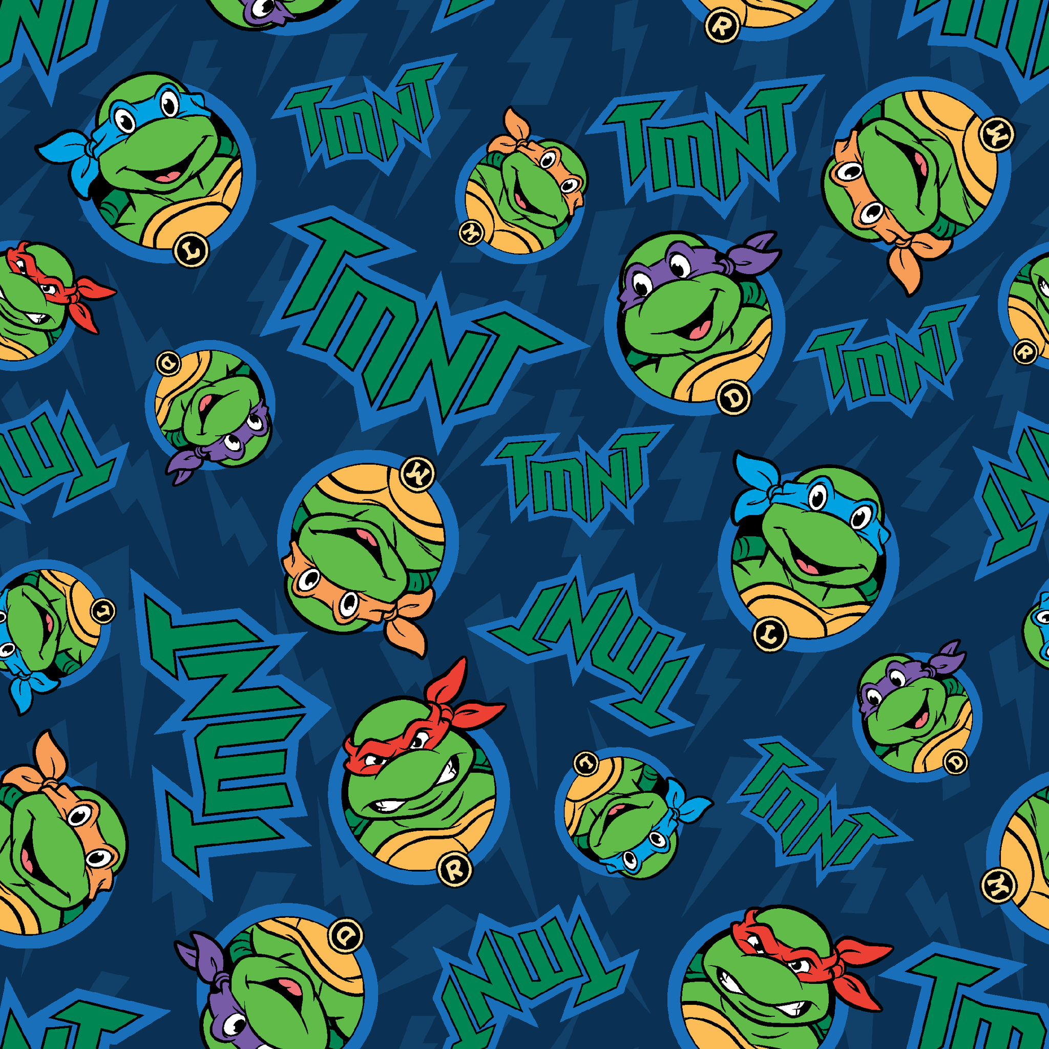 Teenage Mutant Ninja Turtles pattern with character heads and TMNT logos on blue background tiled preview square