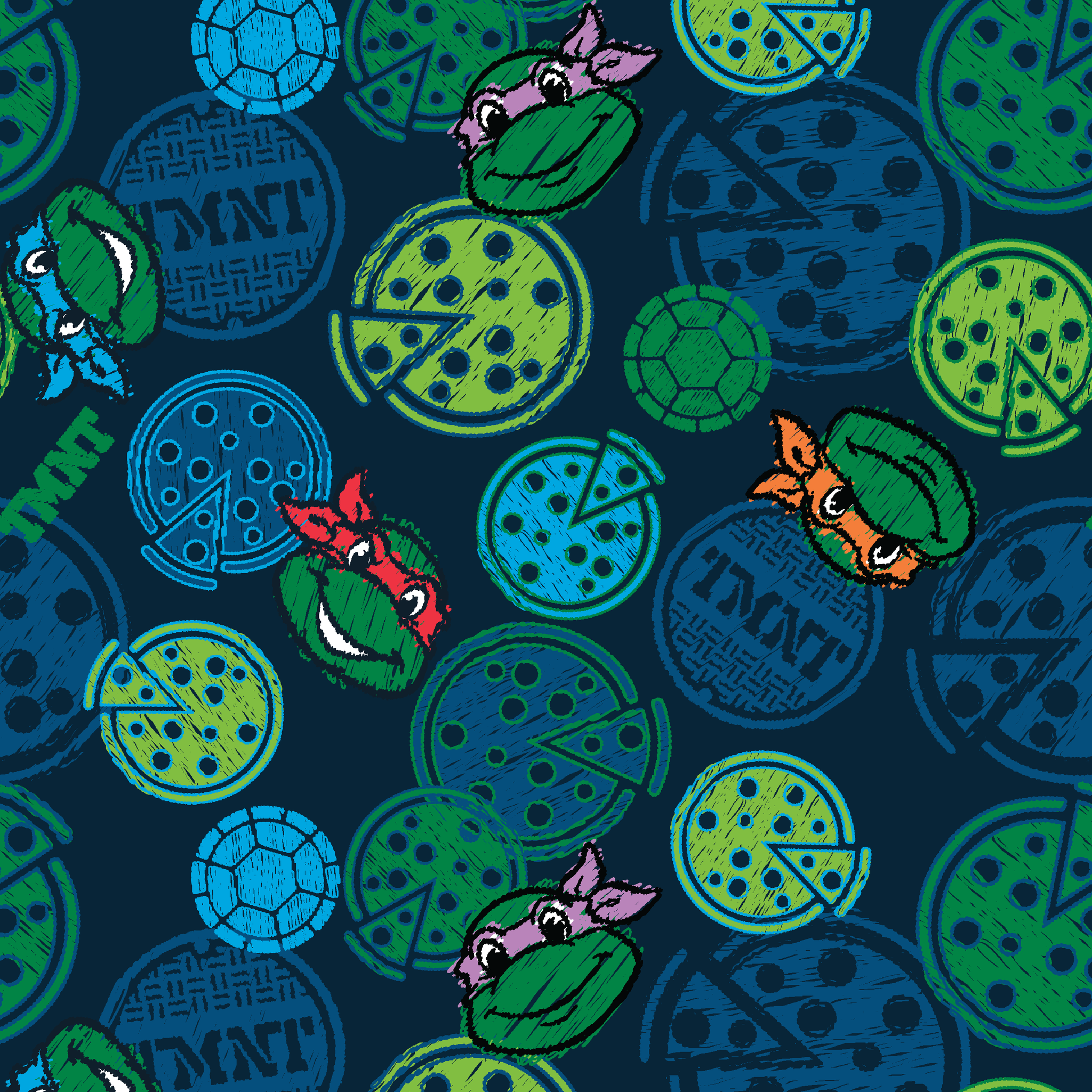 Teenage Mutant Ninja Turtles pattern with cartoon character heads and green/blue pizza circles tiled preview square