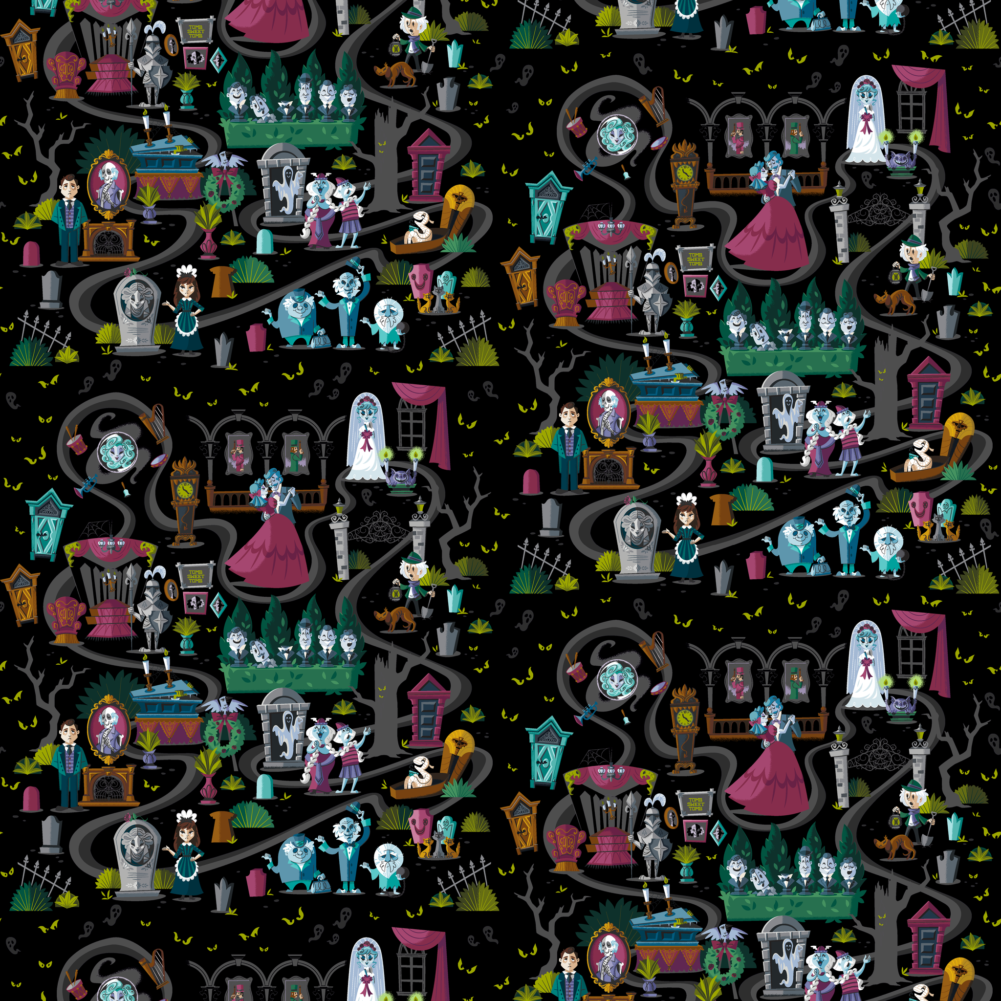 Dark background collage of colorful haunted house elements with ghosts, skeletons, potion bottles, and spooky characters in a whimsical pattern tiled preview square