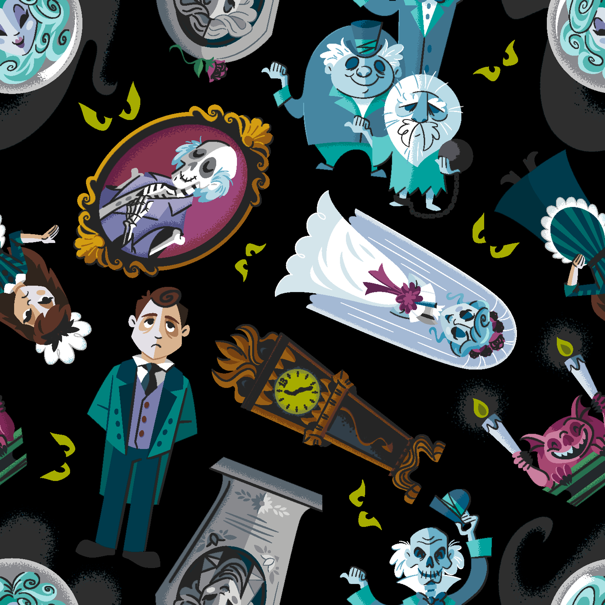 Haunted Mansion themed pattern with cartoon ghosts, characters, coffins, and spooky elements on black background tiled preview square