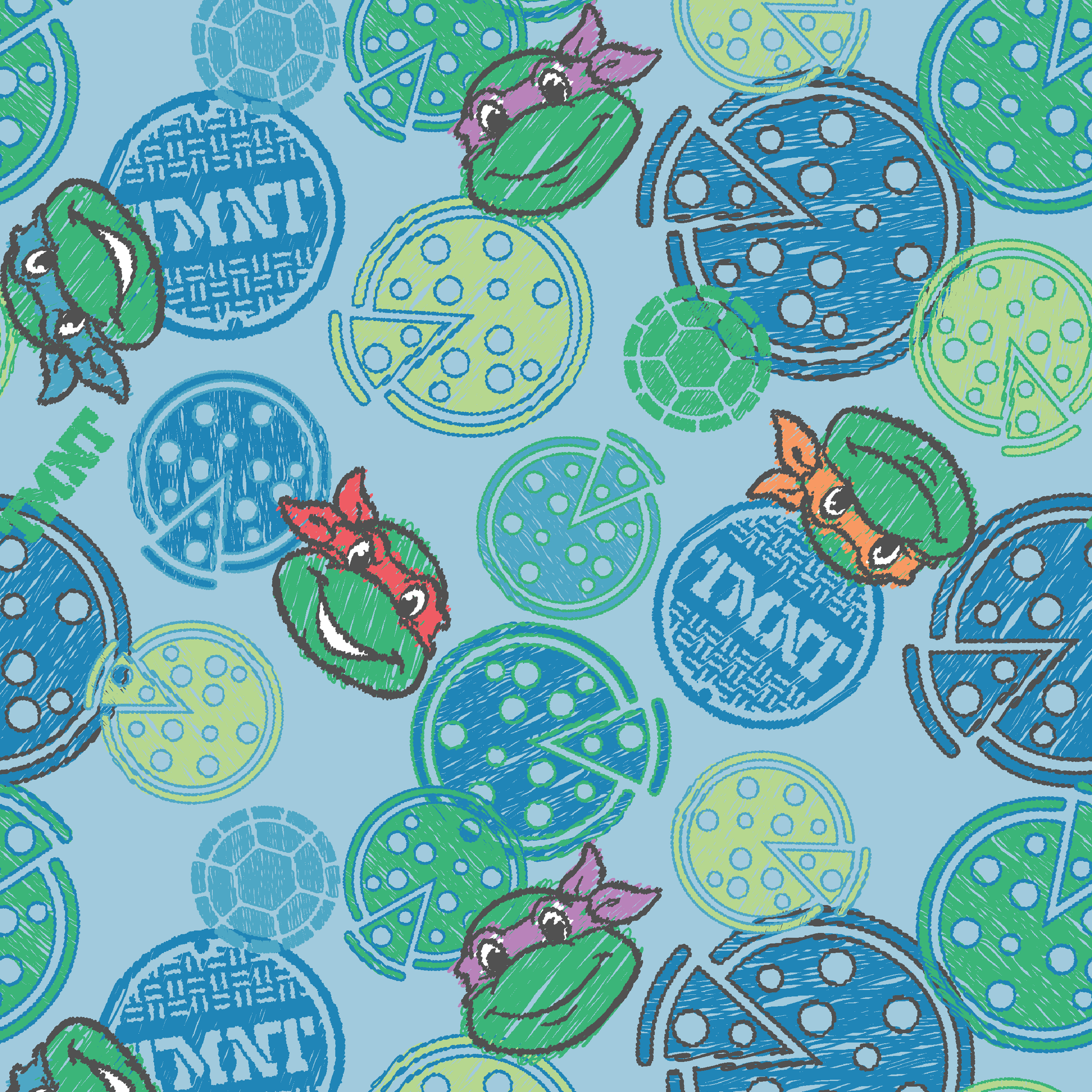 Cartoon Ninja Turtles pattern with colorful circular designs on light blue background tiled preview square