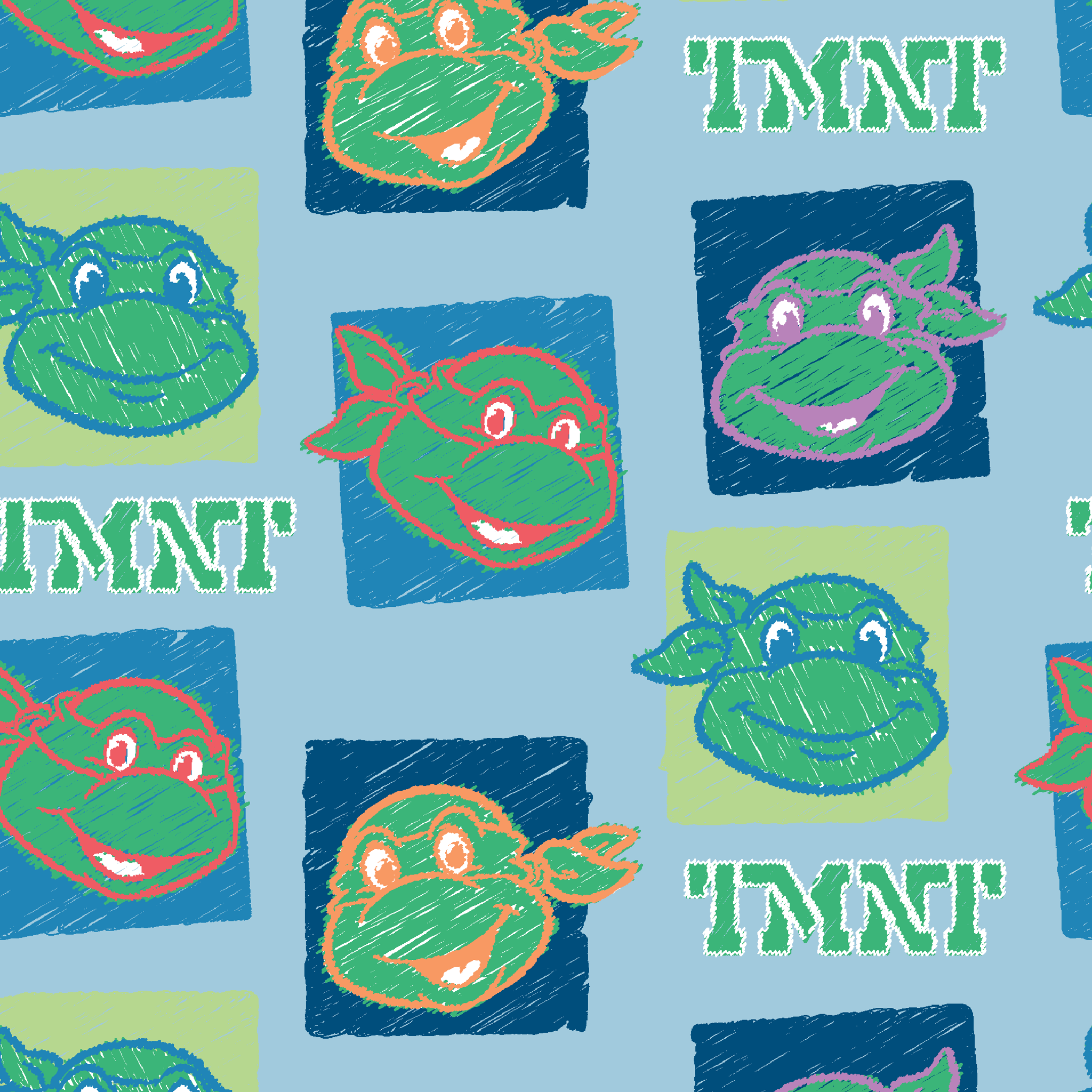 Teenage Mutant Ninja Turtles pattern with cartoon turtle faces in squares on light blue background tiled preview square
