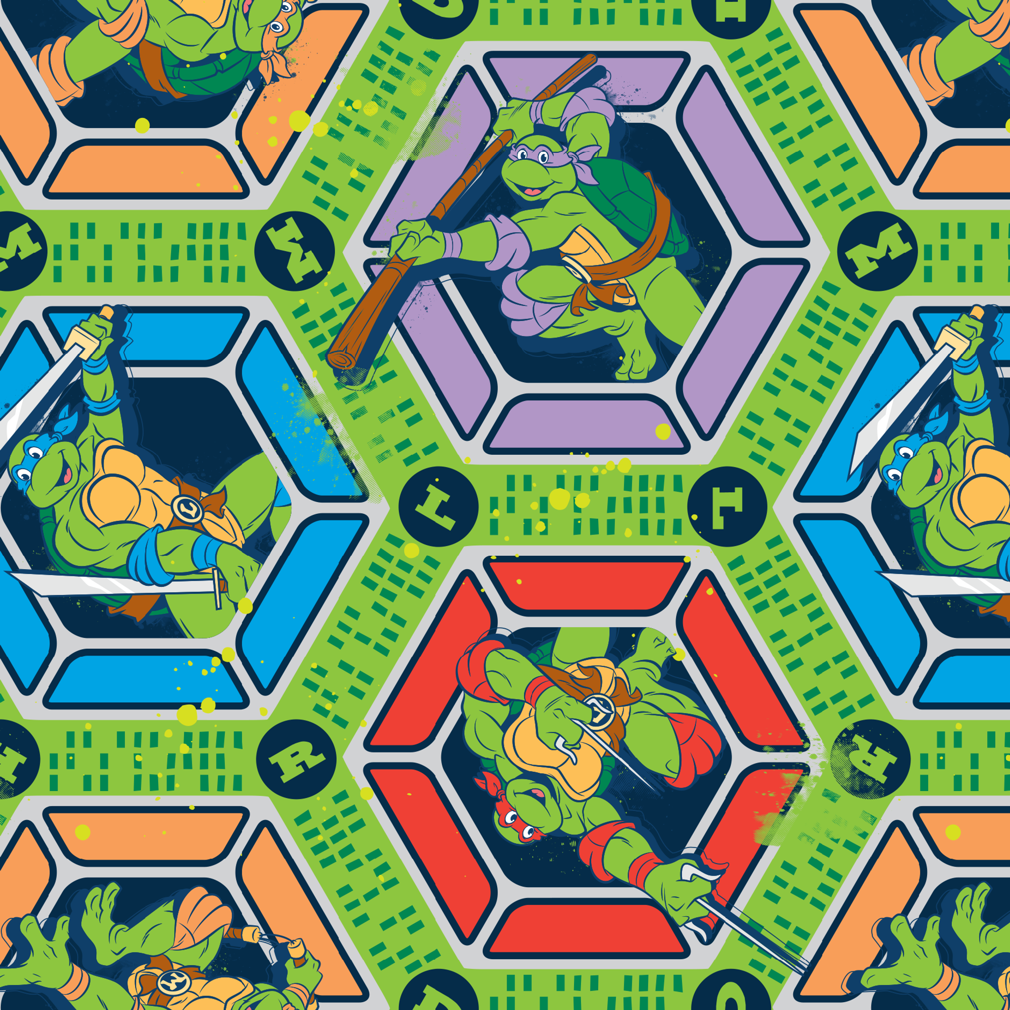 Colorful hexagonal pattern featuring the Teenage Mutant Ninja Turtles in action poses on green backgrounds with digital text elements tiled preview square