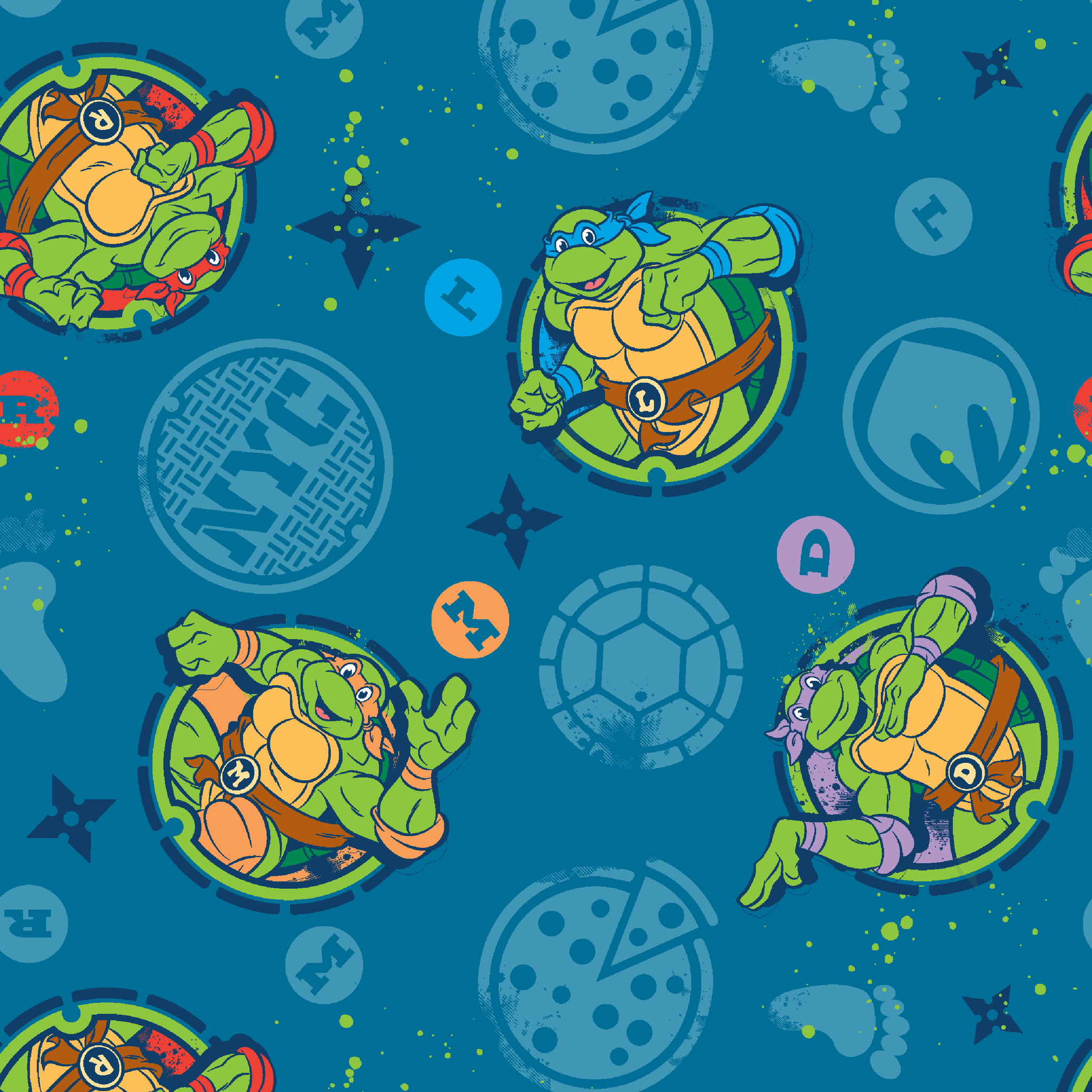 Teenage Mutant Ninja Turtles in circular medallions on teal background with subtle geometric patterns tiled preview square