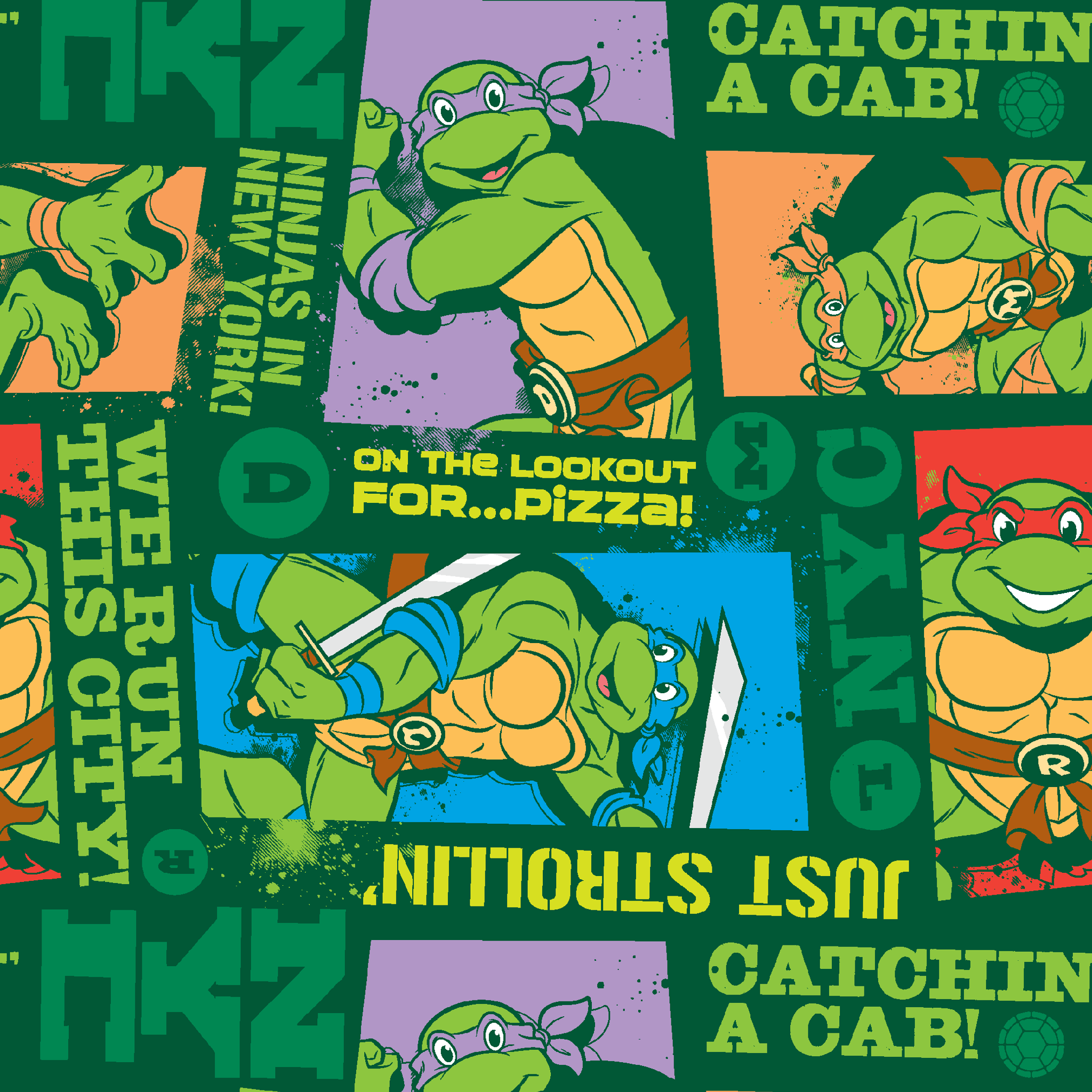 Teenage Mutant Ninja Turtles comic-style panels with phrases like "Catchin' a cab!" and "On the lookout for pizza!" on green background tiled preview square
