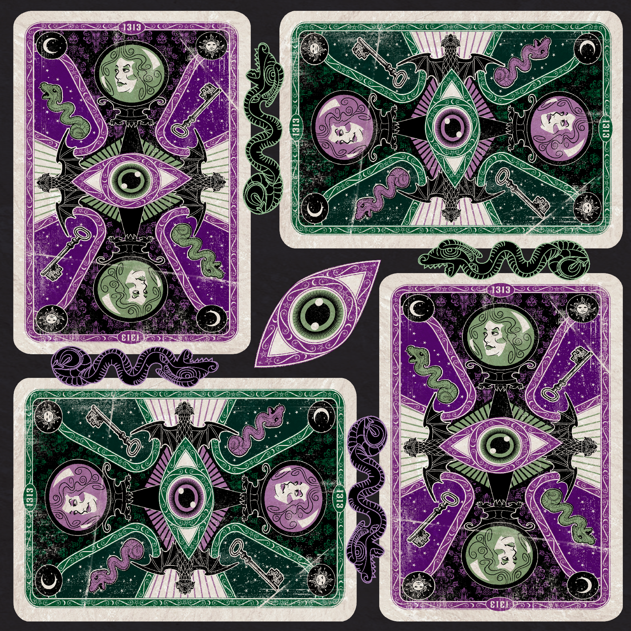 Ornate playing card designs with purple and green patterns featuring central eye motifs and circular number elements against a black background. tiled preview square
