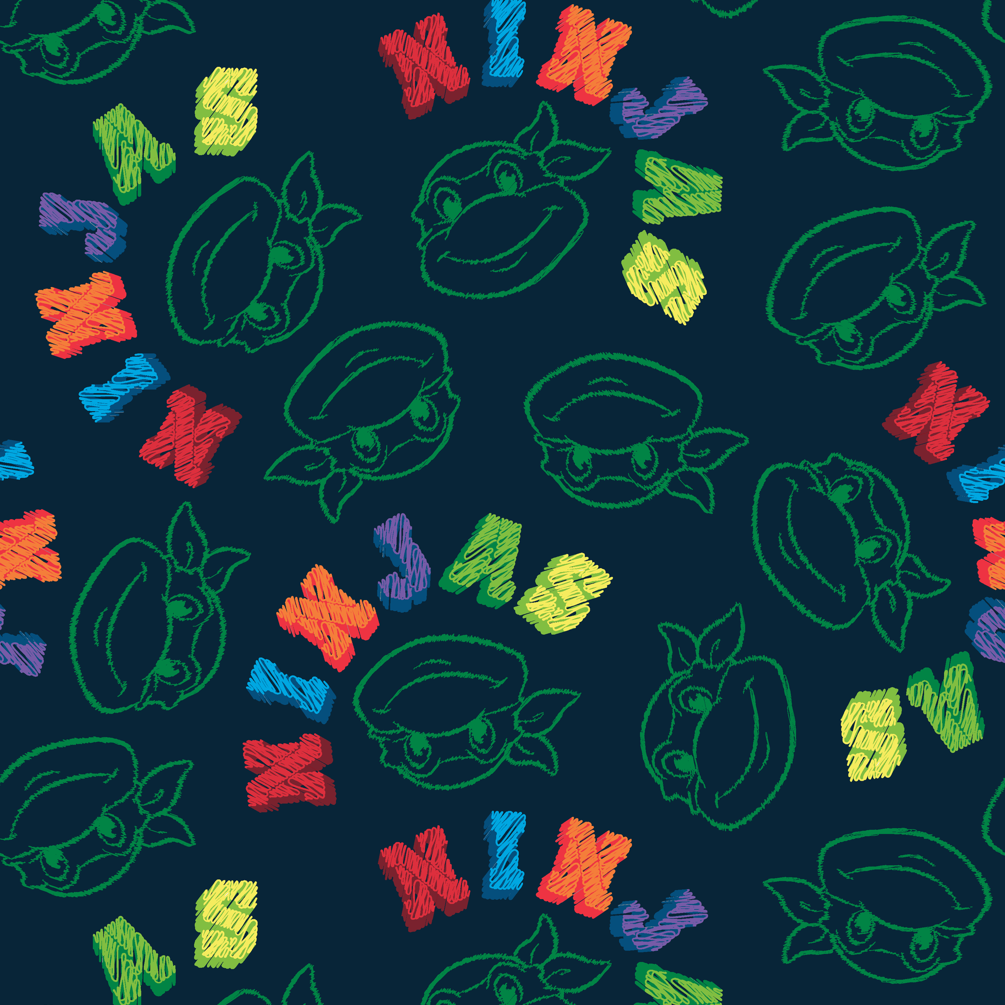 Colorful Ninja Turtles pattern with green outlines on dark blue background tiled preview square