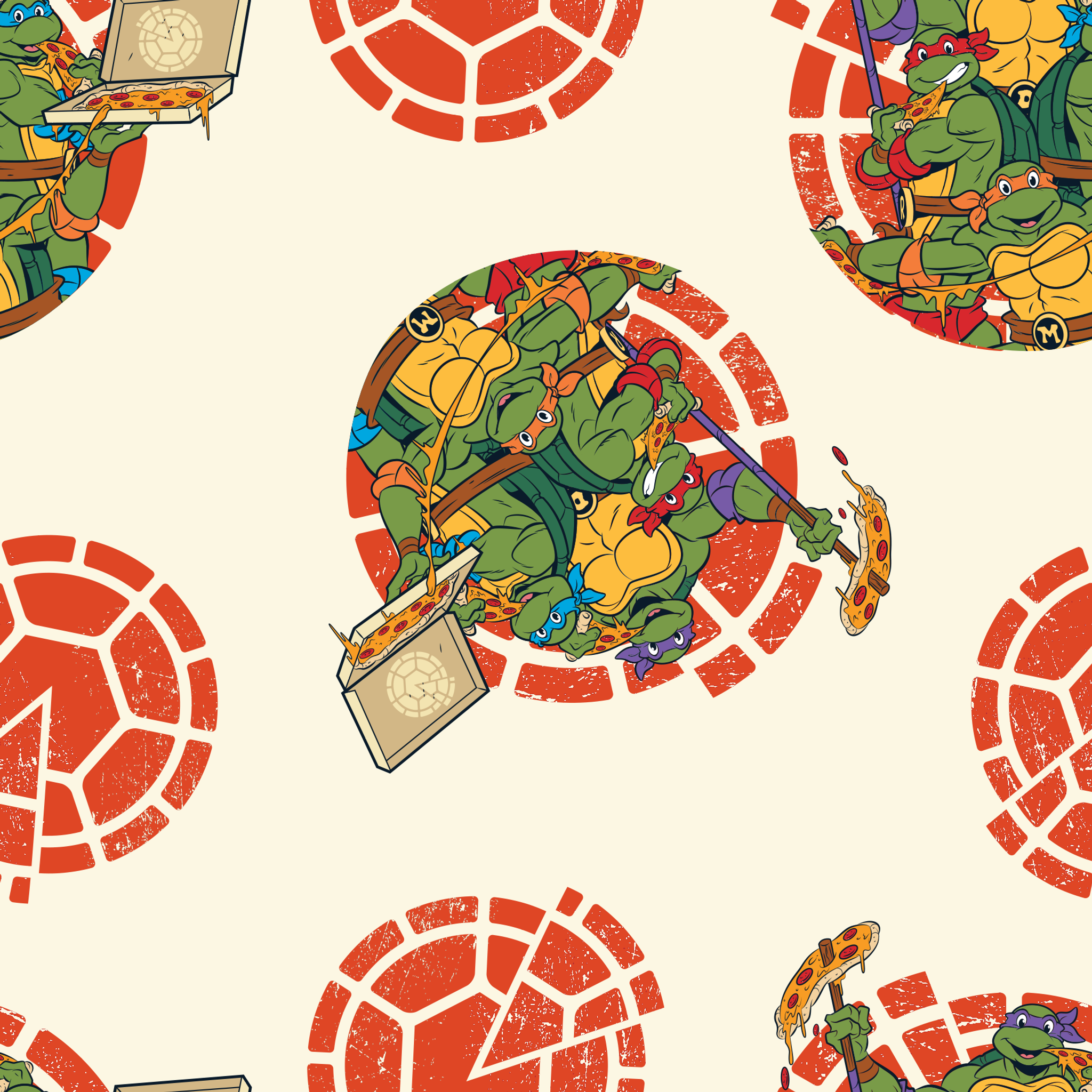TMNT characters in circular formations on cream background with red shell pattern tiled preview square