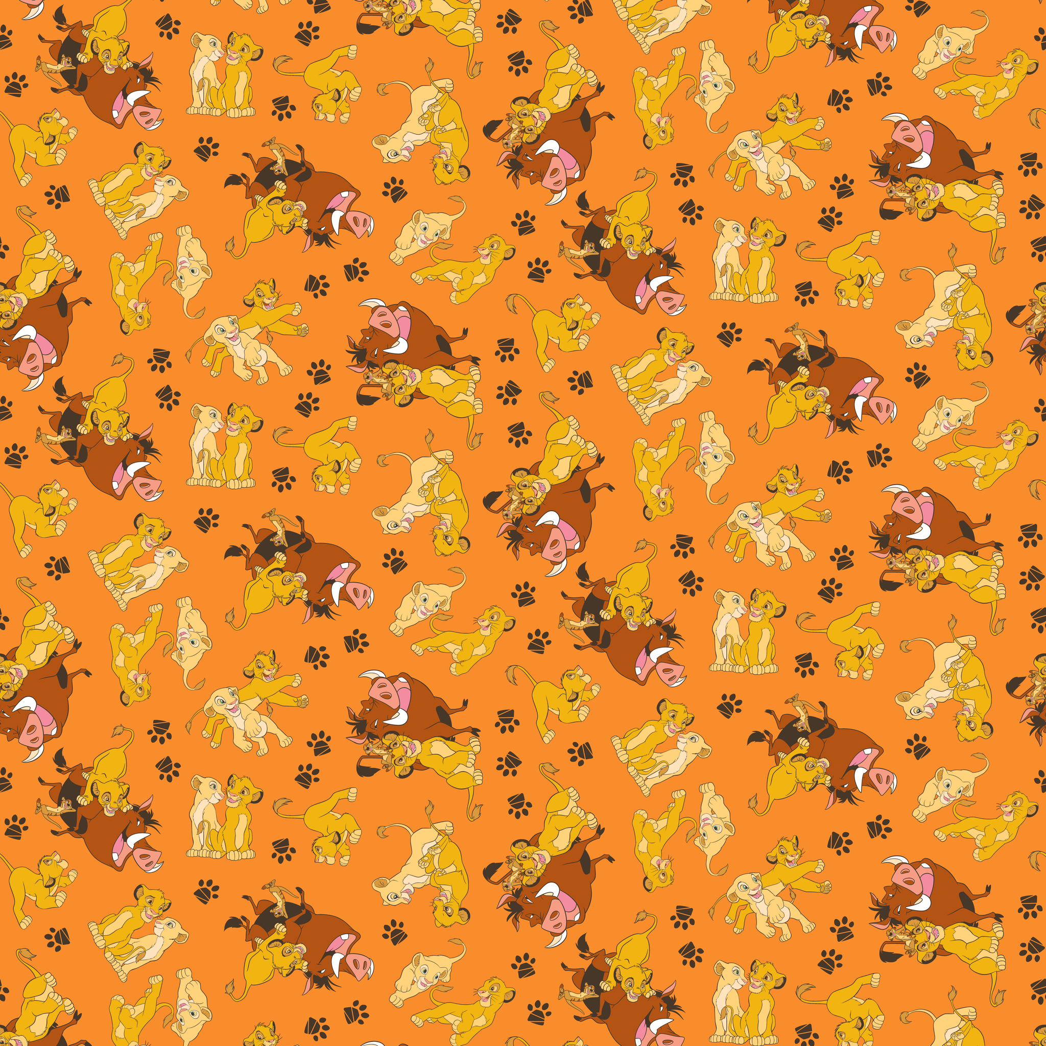 Playful pattern of cartoon cubs in yellow and brown poses on bright orange background with pawprints tiled preview square