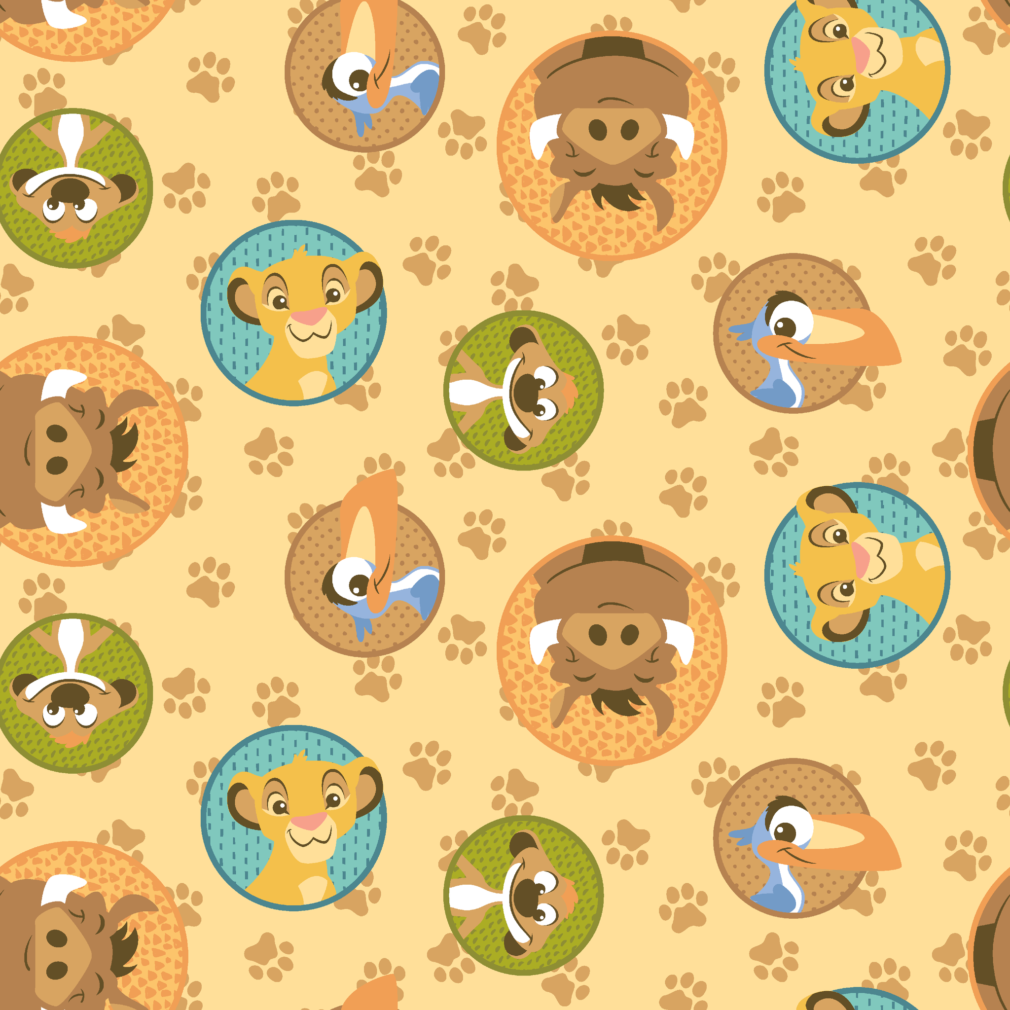 Cartoon animal faces in circular frames on beige background with paw prints - lion, monkey, dog, bird tiled preview square