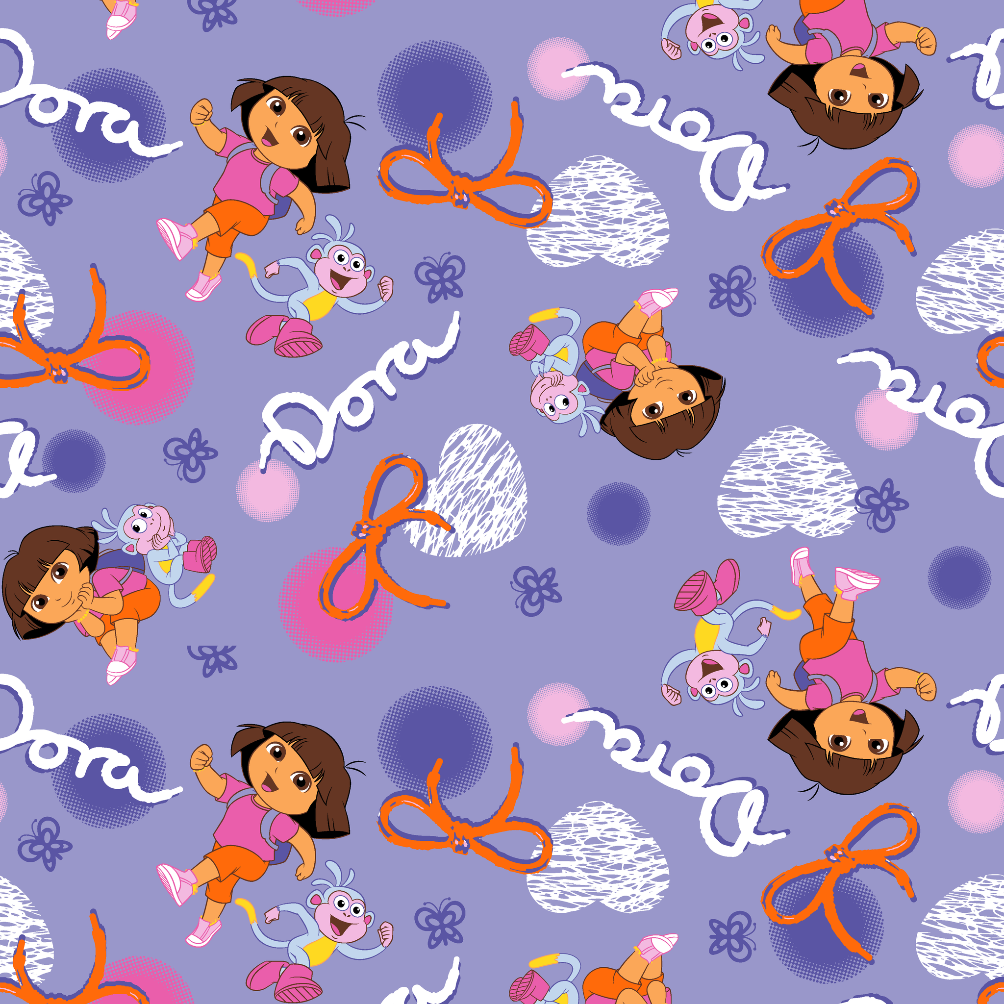 Cartoon pattern featuring Dora the Explorer, Boots the monkey, and other characters on purple background with bows and clouds. tiled preview square