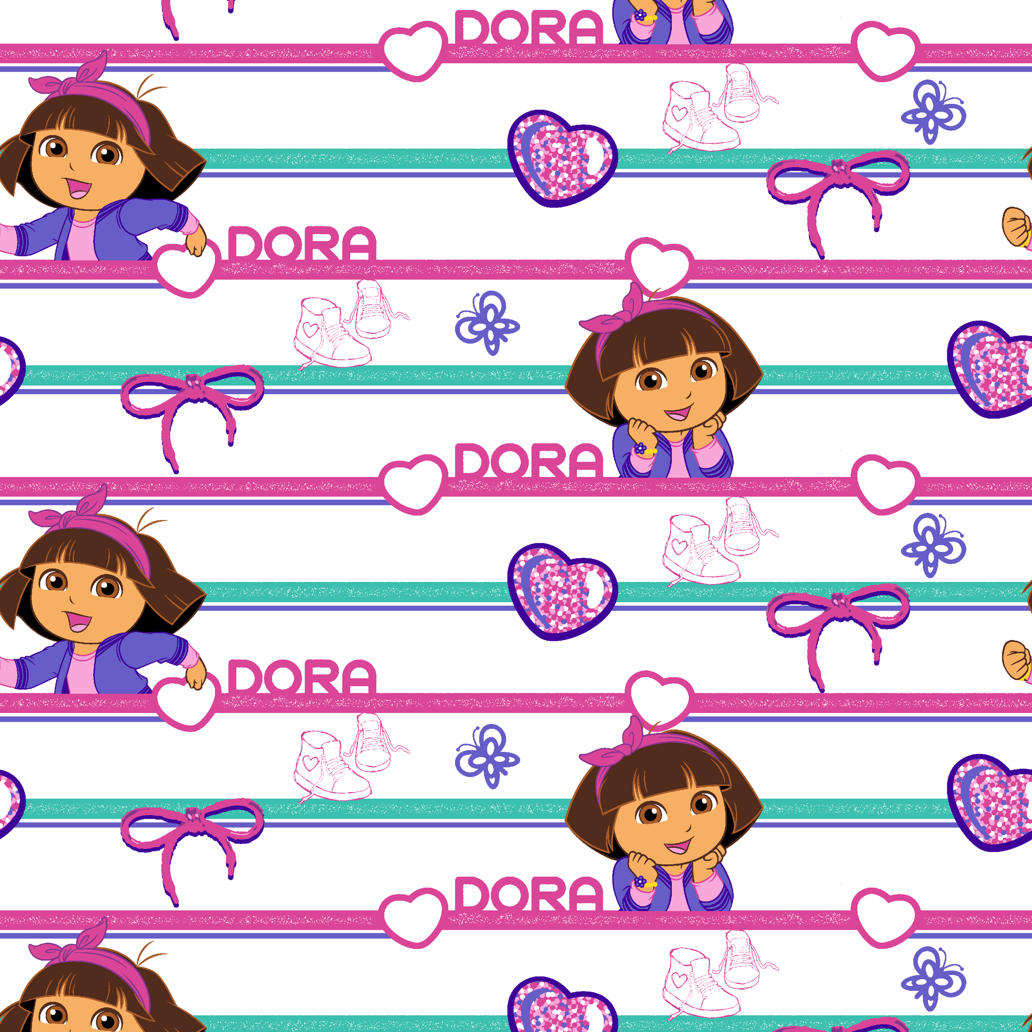 Colorful Dora the Explorer pattern with horizontal stripes featuring purple hearts, bows, butterflies, and "DORA" text on pink and green backgrounds tiled preview square