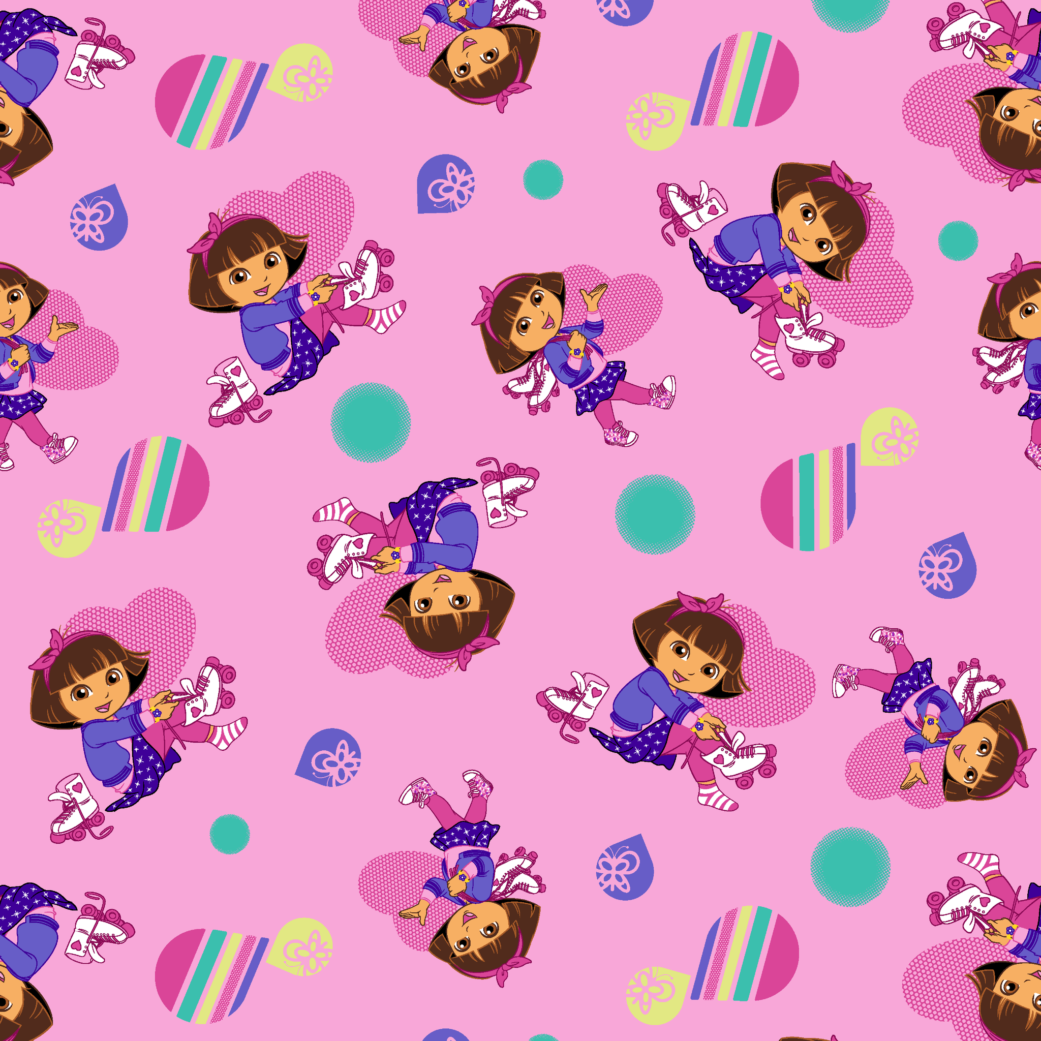 Dora the Explorer pattern with purple background, colorful polka dots and striped shapes tiled preview square