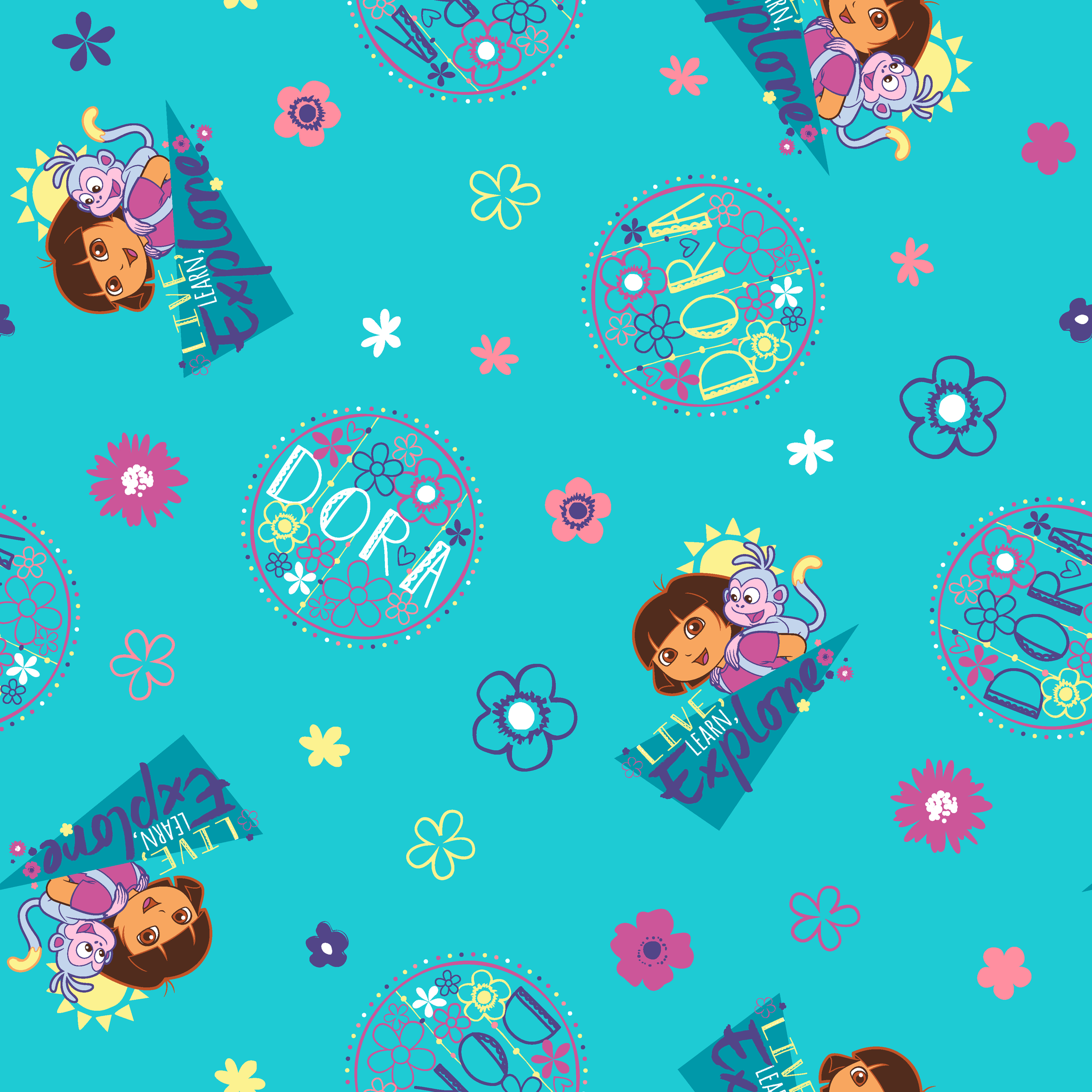 Colorful teal pattern with Dora the Explorer characters, decorative circles, flowers, and triangular shapes in pink, purple, and blue tiled preview square