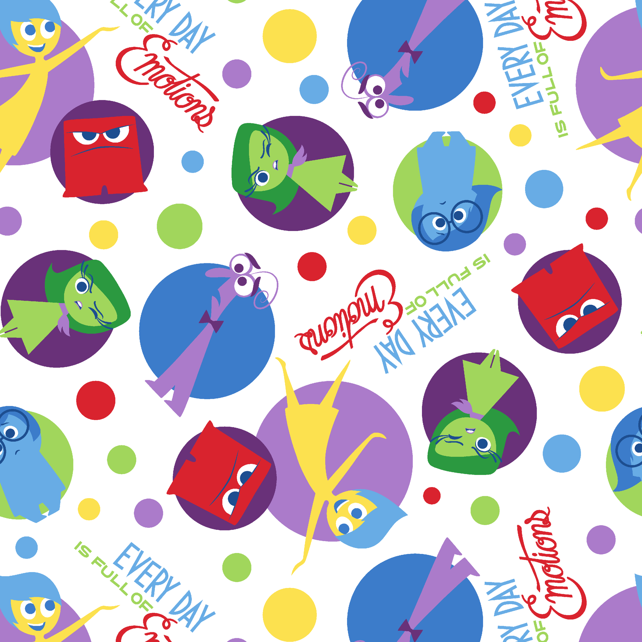Colorful Inside Out characters in circles - Joy, Sadness, Fear, Disgust, and Anger on polka dot background tiled preview square