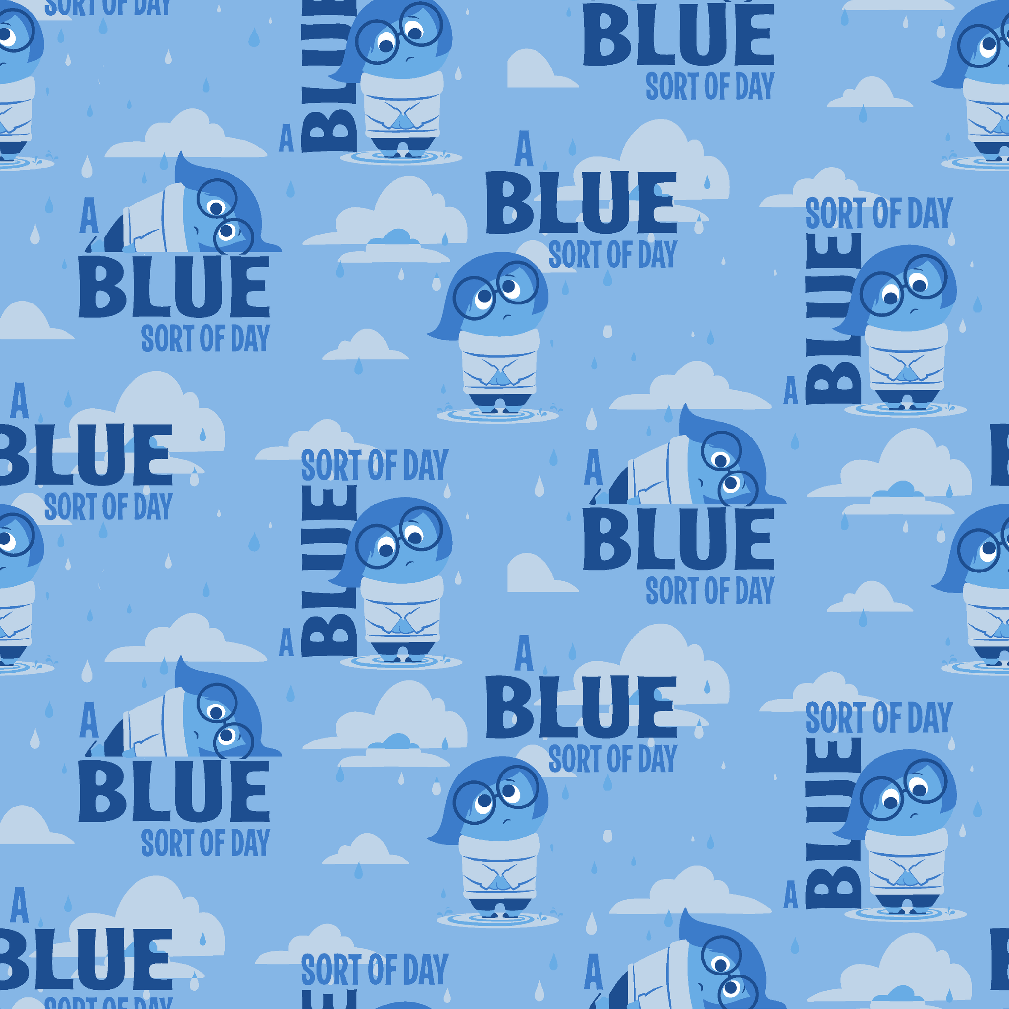 Sadness from Disney and Pixar's Inside Out pattern with "BLUE SORT OF DAY" text on light blue background with clouds tiled preview square