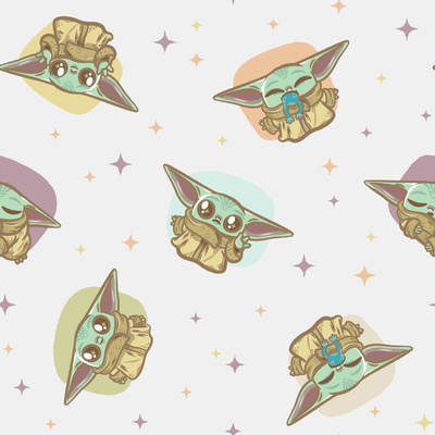 Cute cartoon characters in floating pods with big ears against a starry background, pastel colors tiled preview square