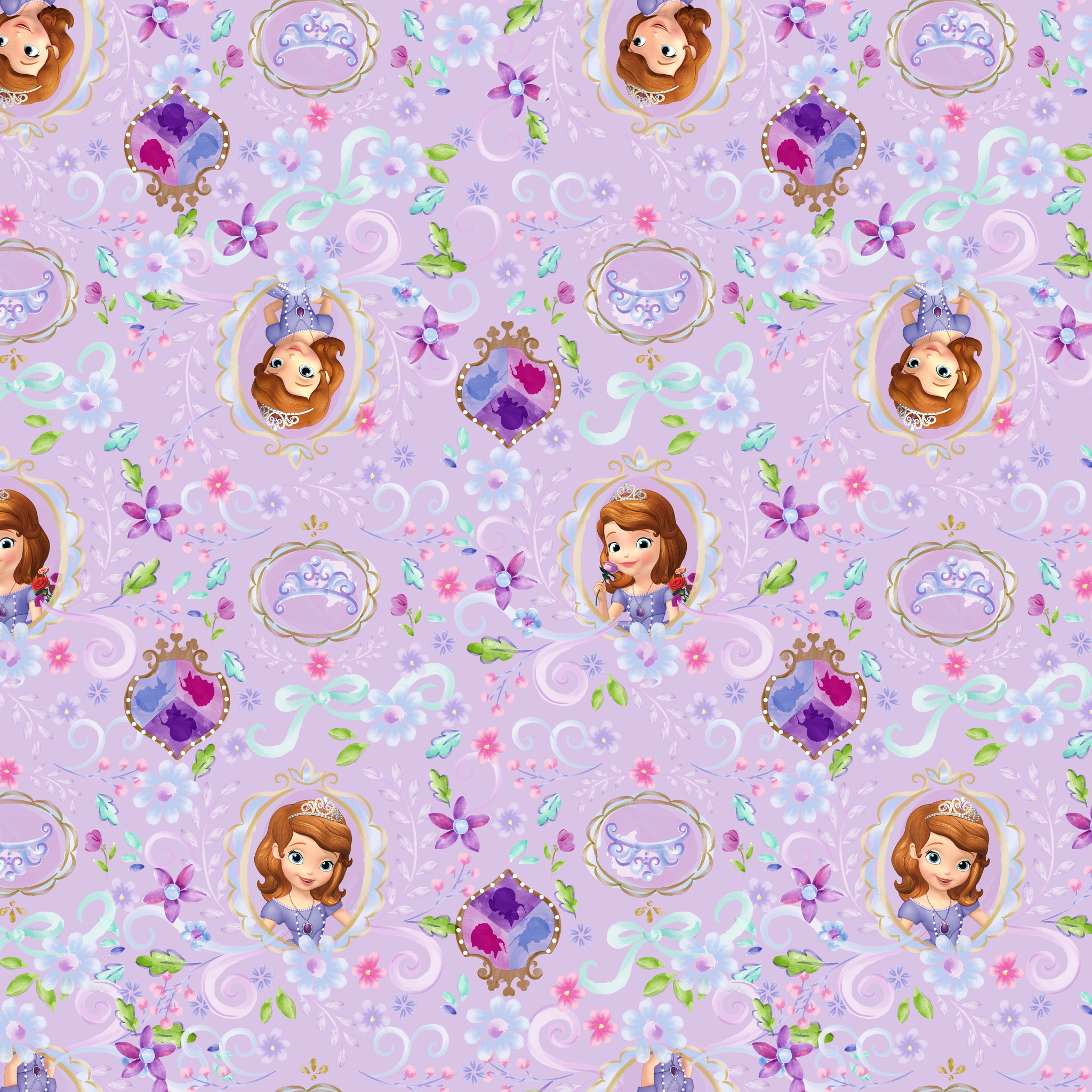 Princess Sofia pattern with purple flowers and swirls on lavender background tiled preview square