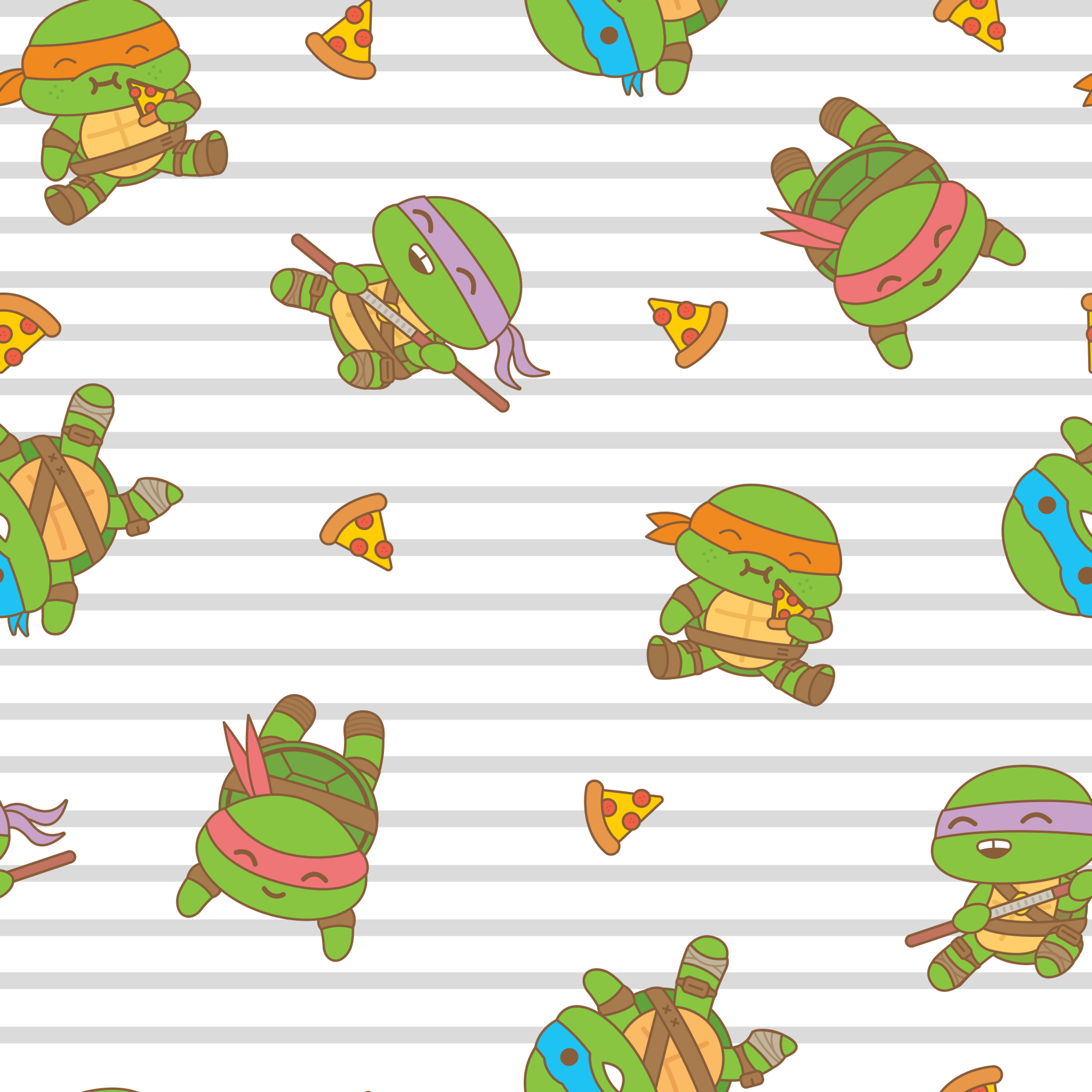 Teenage Mutant Ninja Turtles in various poses with pizza slices on gray striped background tiled preview square