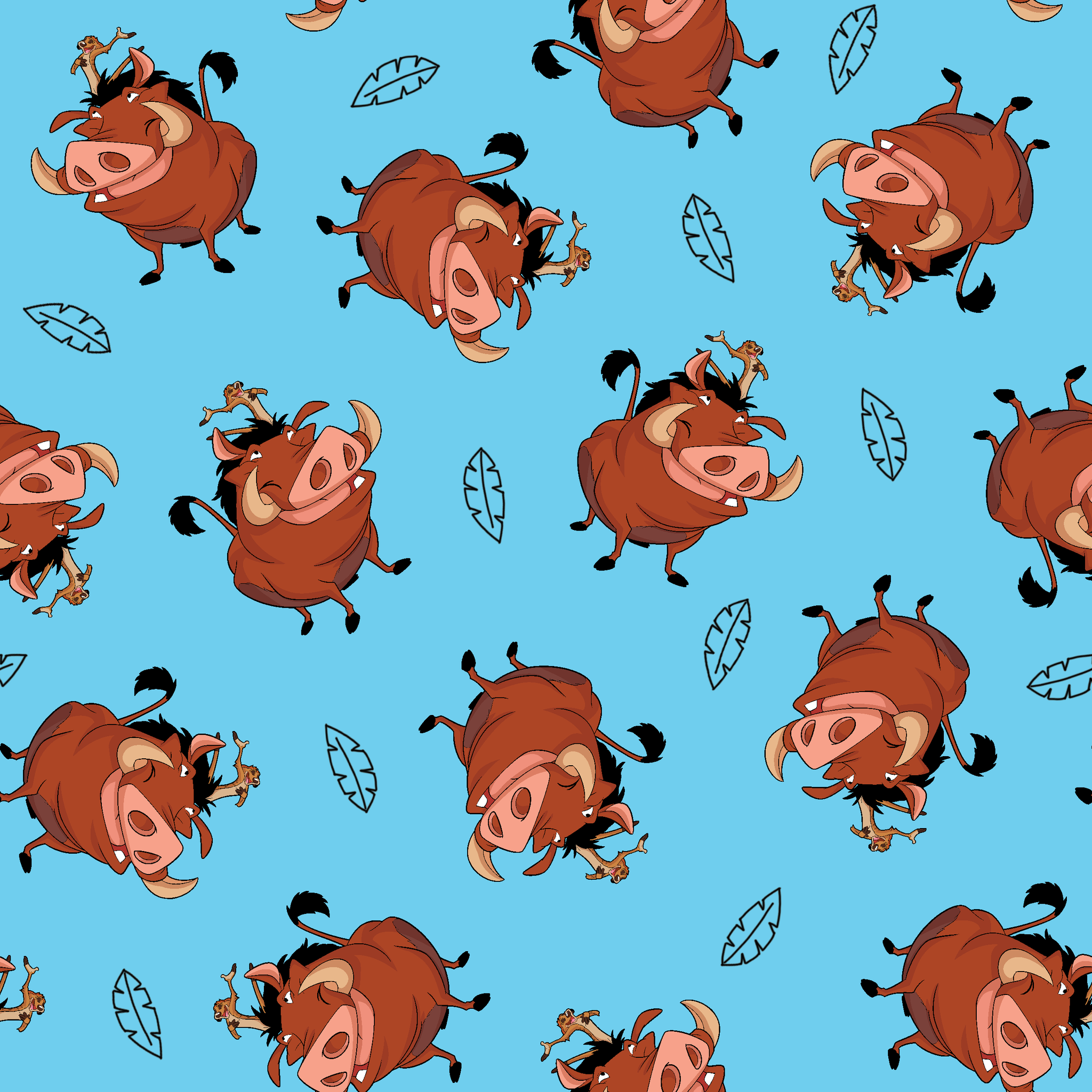 Cheerful Lion King characters with flower crowns dancing on light blue background with leaf patterns tiled preview square