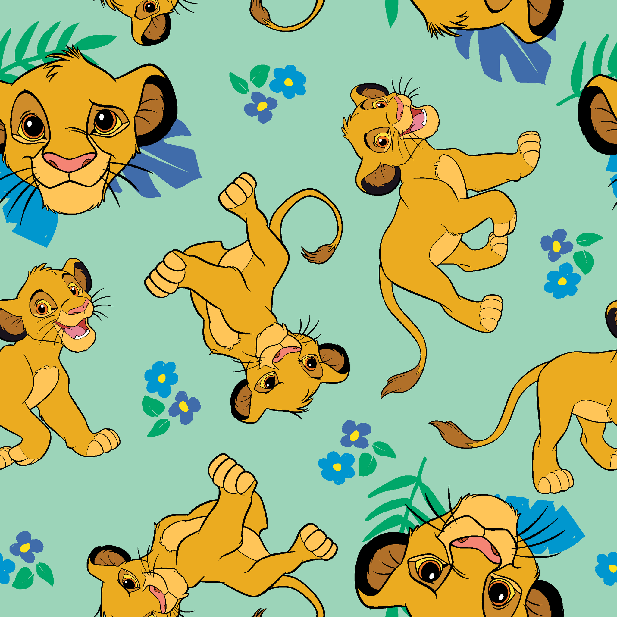Cartoon lion cubs playing on mint green background with blue flowers and green leaves pattern tiled preview square