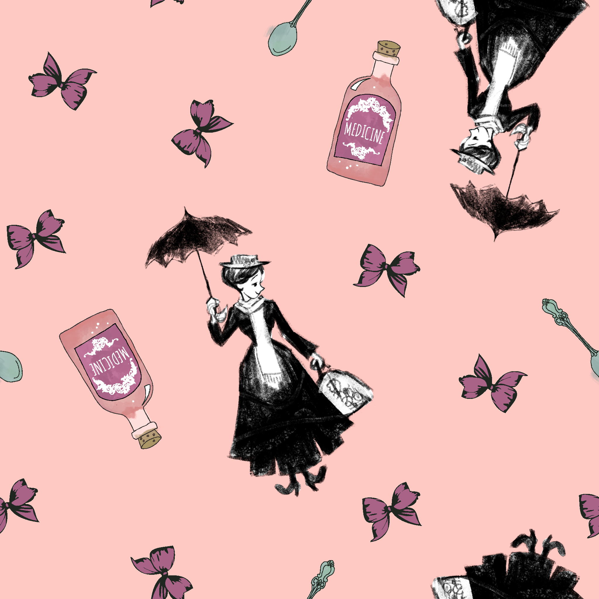 Whimsical illustration on pink background featuring Mary Poppins, purple bottles, and floating bows tiled preview square