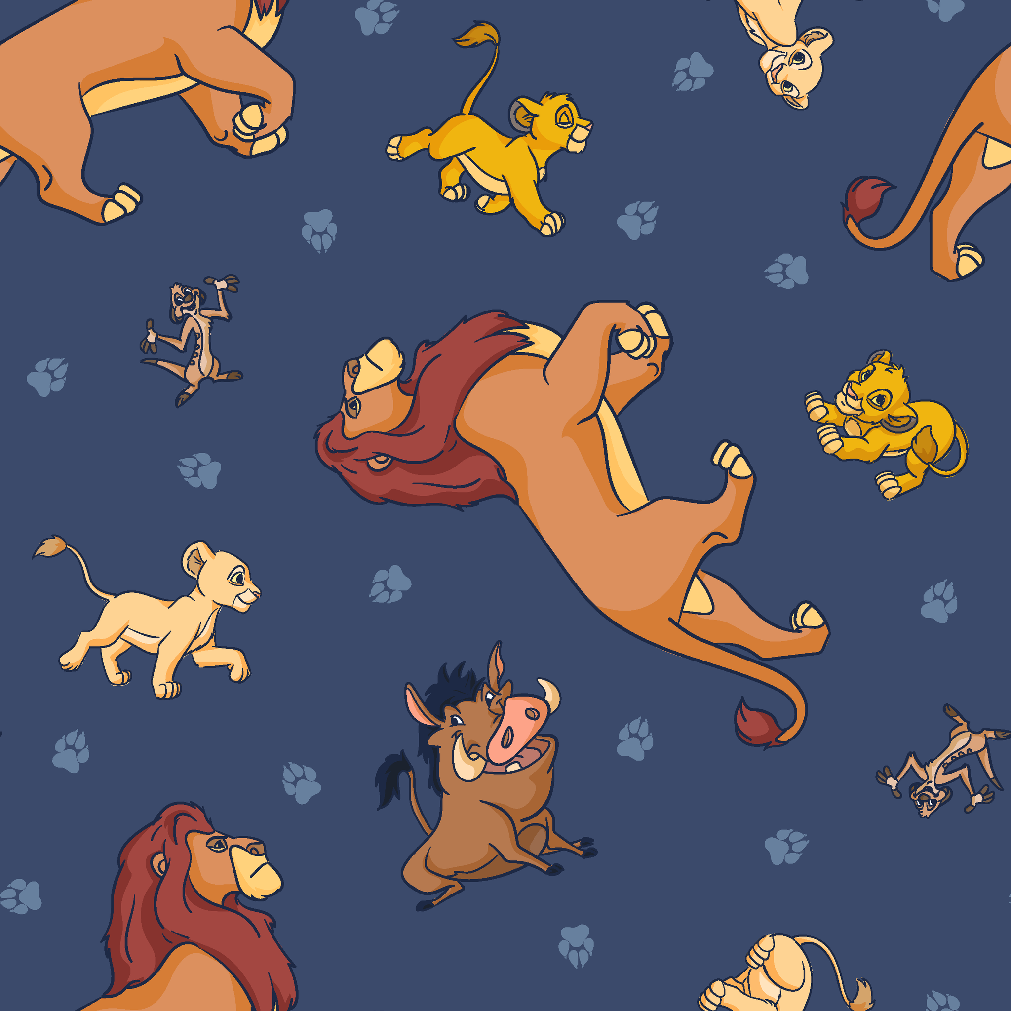 Colorful cartoon lions and characters from The Lion King scattered on dark blue background with paw prints tiled preview square