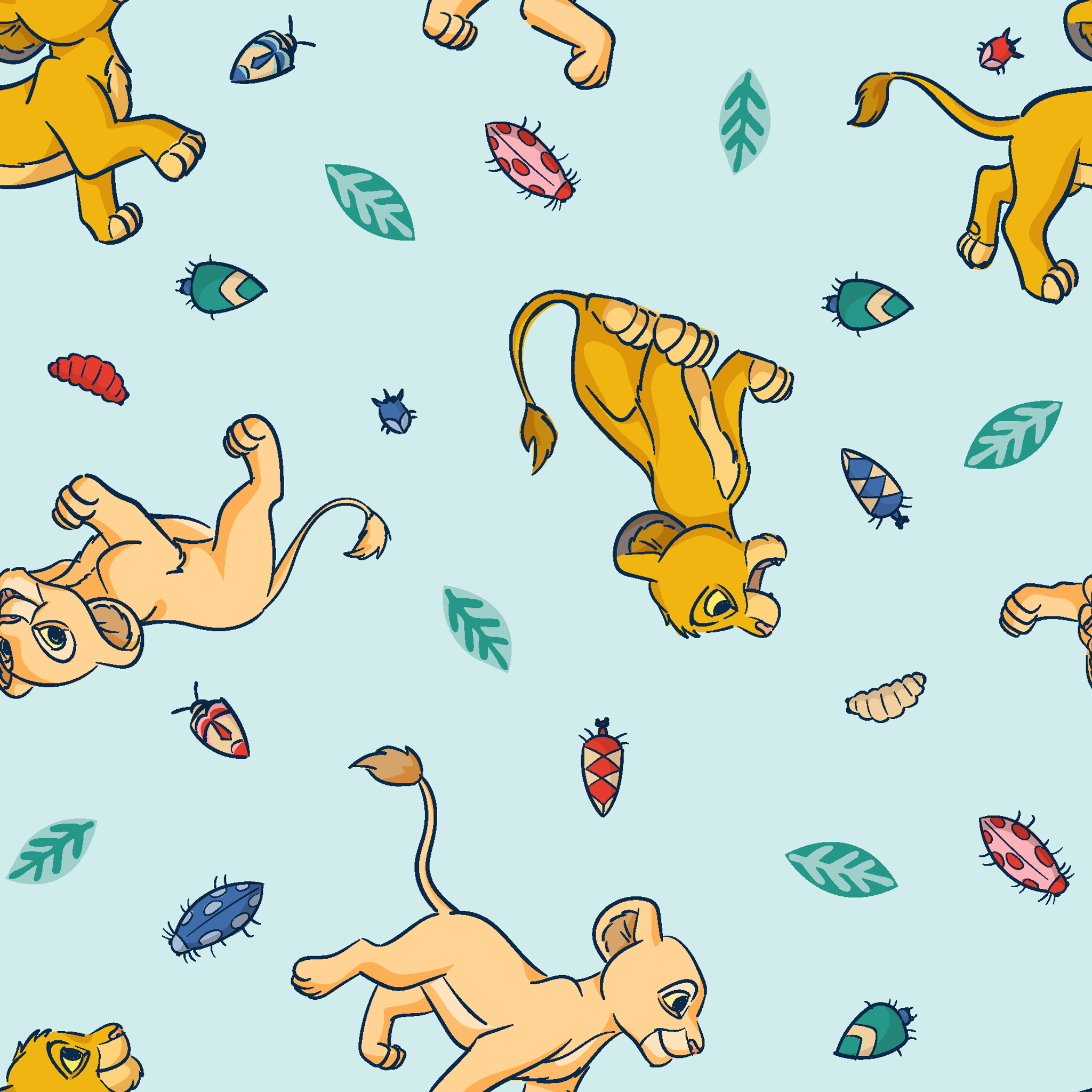 Lion cubs playing on light blue background with colorful leaves and plant elements scattered throughout tiled preview square