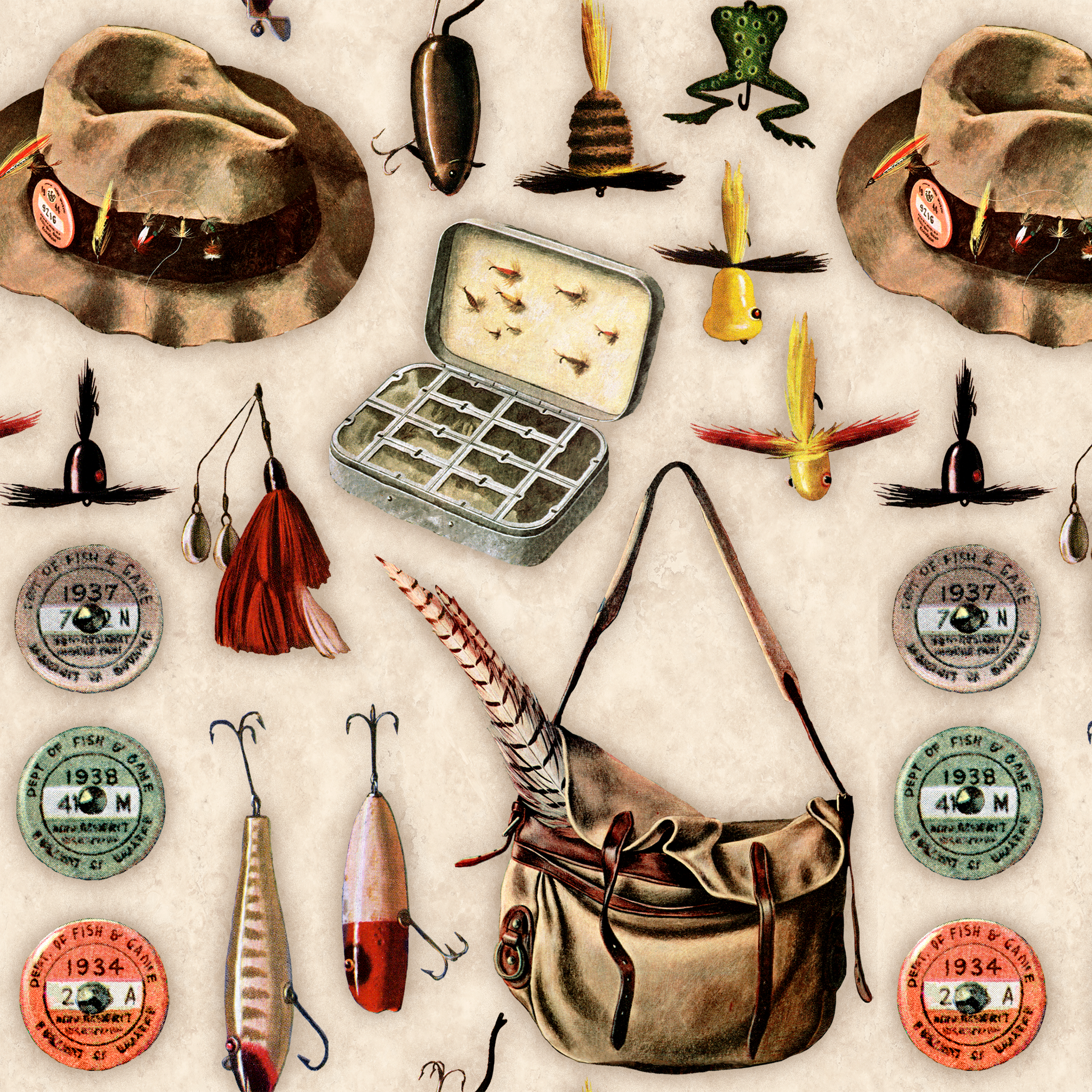 Vintage fishing gear illustration with tackle box, hat, lures, reels, and canvas bag on beige background tiled preview square
