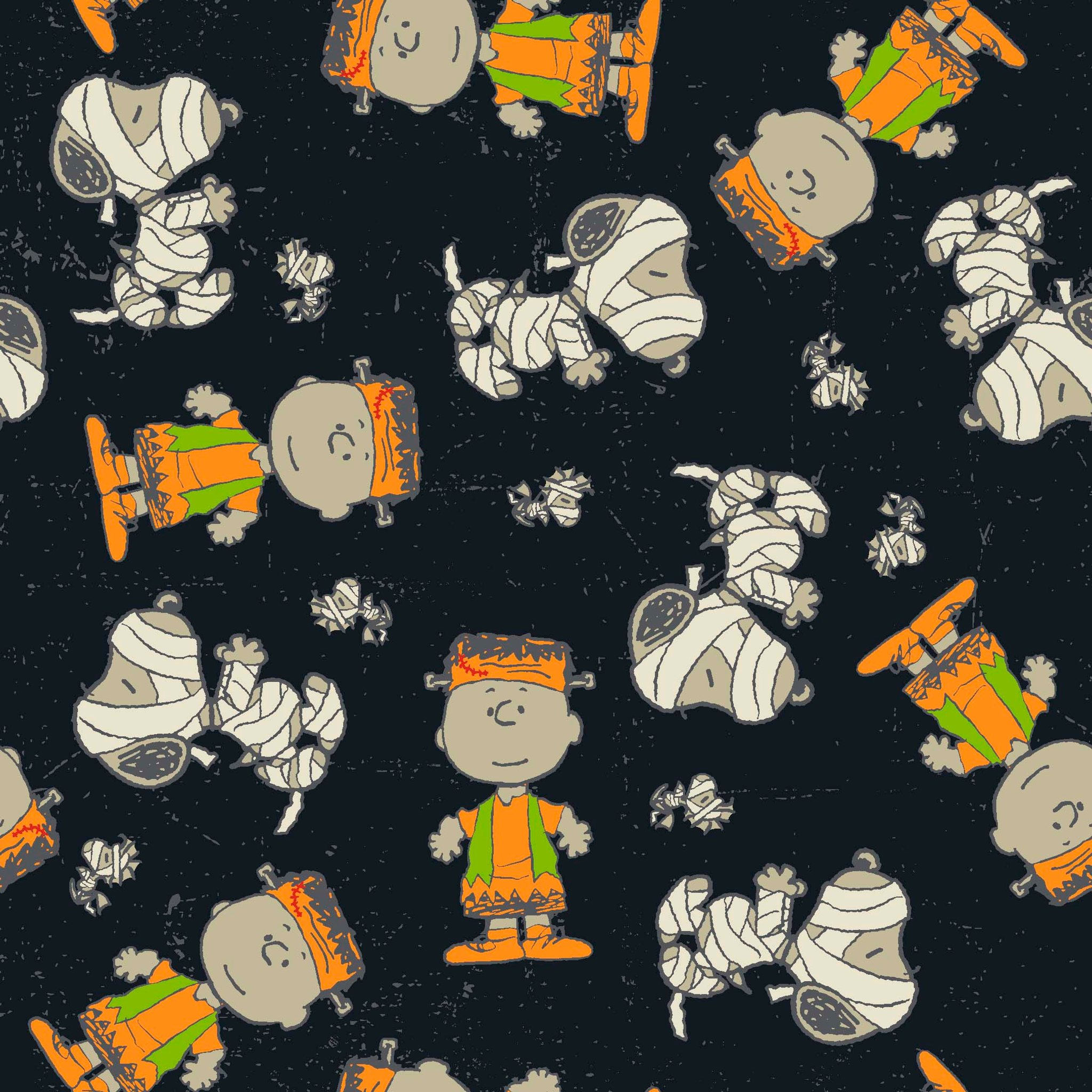 Peanuts characters pattern on black background featuring Snoopy and Charlie Brown in fall outfits tiled preview square