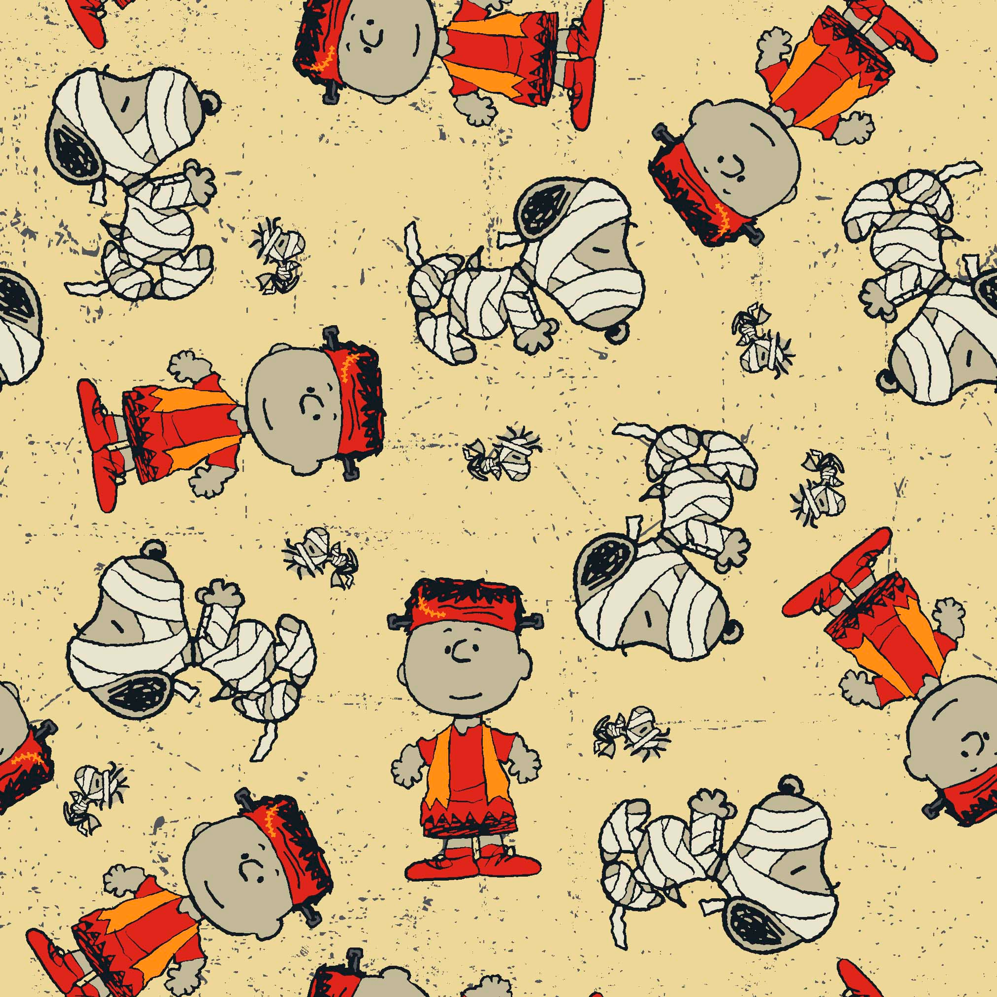 Peanuts characters pattern with Charlie Brown and Snoopy in halloween attire on beige background tiled preview square