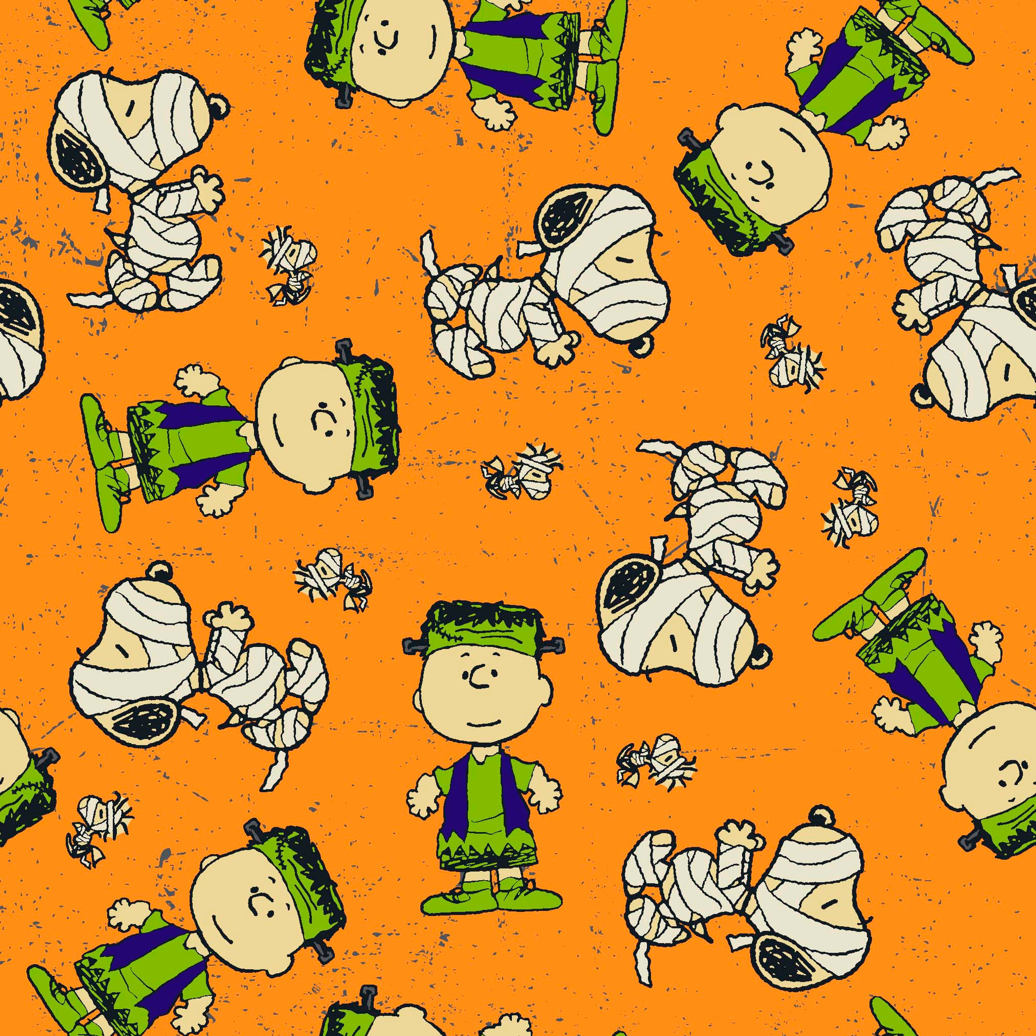 Peanuts characters pattern on orange background with Charlie Brown, Snoopy, and friends scattered throughout tiled preview square