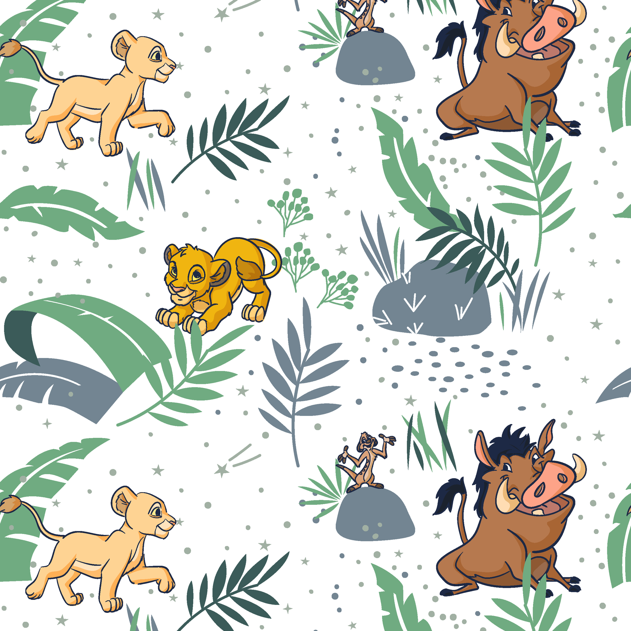 Cartoon lion cubs playing among tropical leaves and plants in green and blue tones on white background tiled preview square