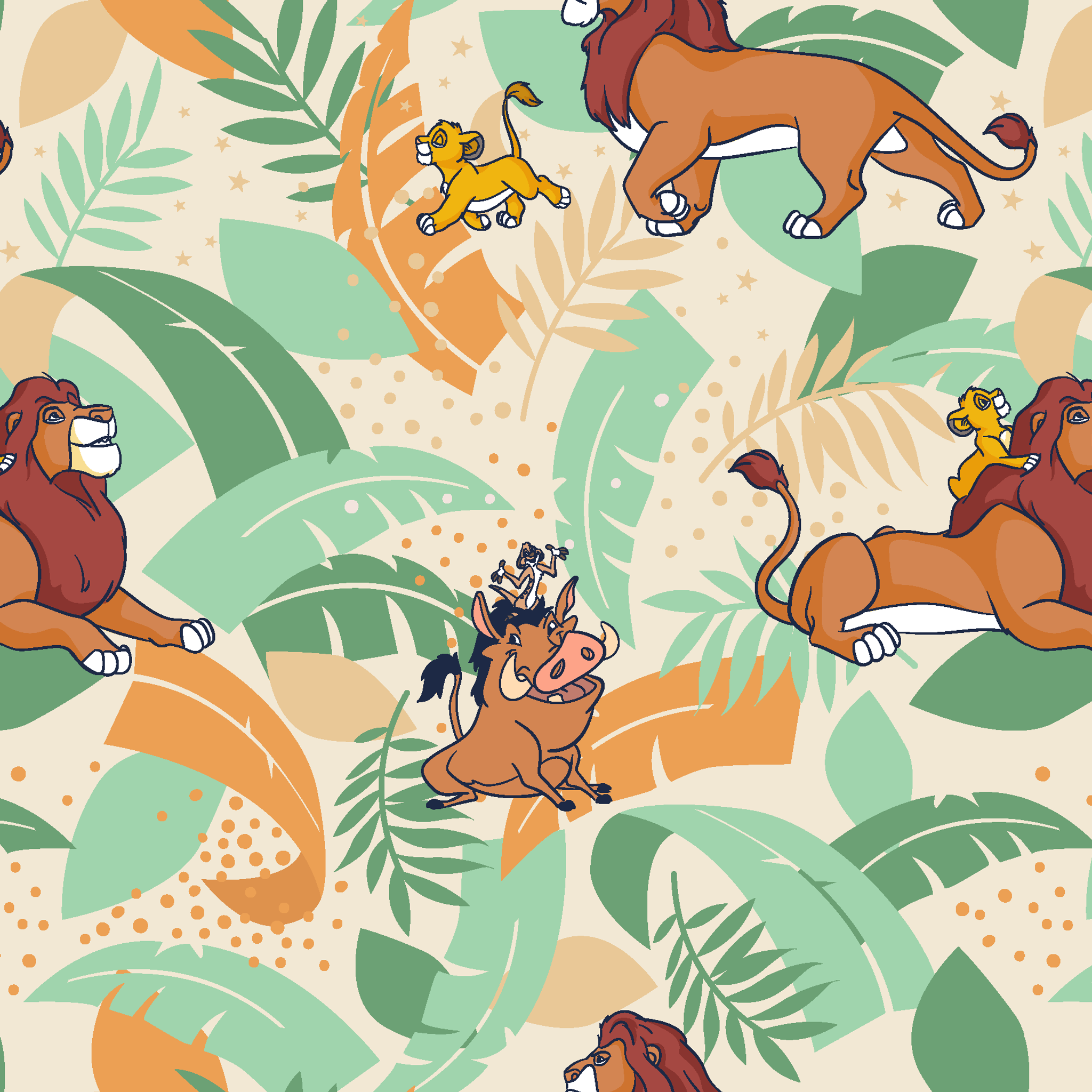 Lion King-inspired pattern with lions and jungle animals amid colorful tropical leaves on cream background tiled preview square