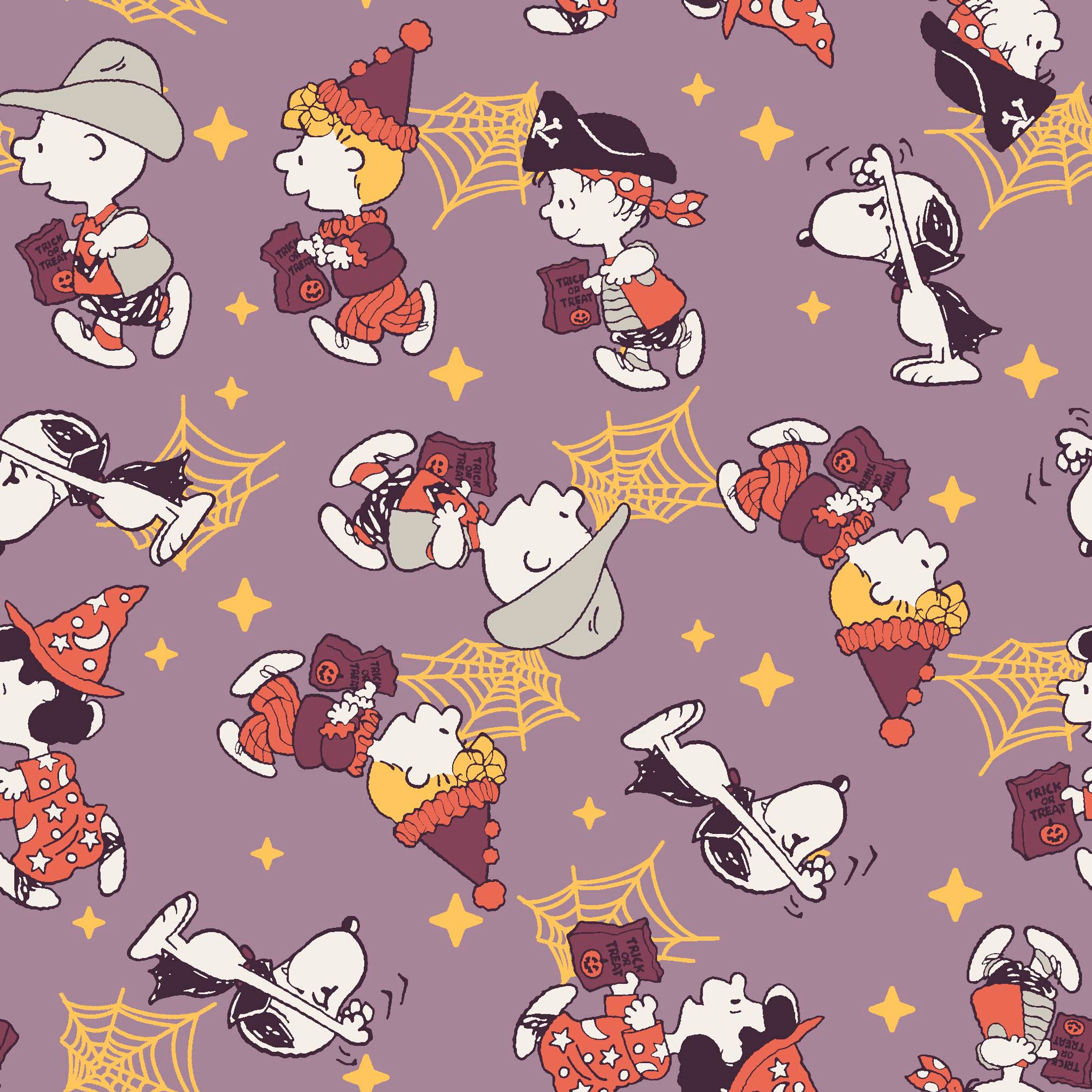 Snoopy and Peanuts characters in fall outfits with pumpkins and stars on purple background tiled preview square